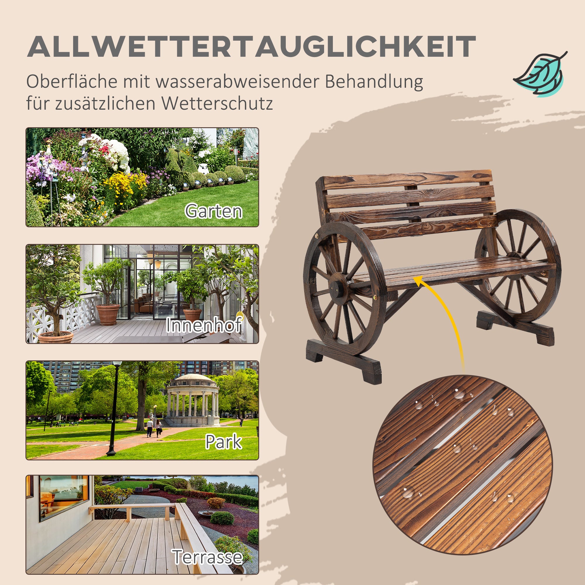 Outsunny Gartenbank, Wagenrad-Design, für 2 Personen, Naturholz, dunkelbraun, 105,5 x 56 x 79cm