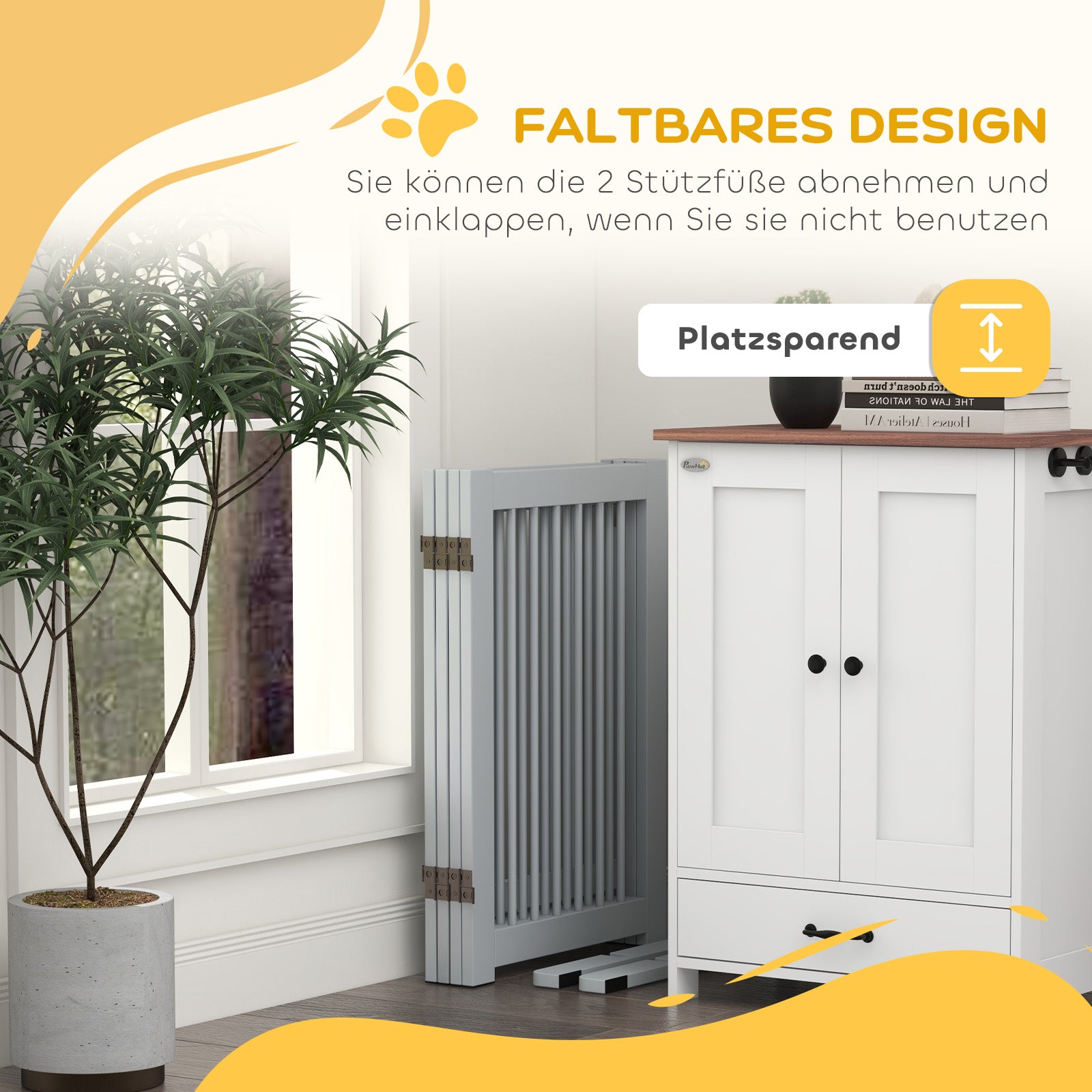 PawHut Freistehendes Hundegitter, 4 Paneele, flexibel, Kiefernholz, 204L x 36B x 75H cm, Hellgrau