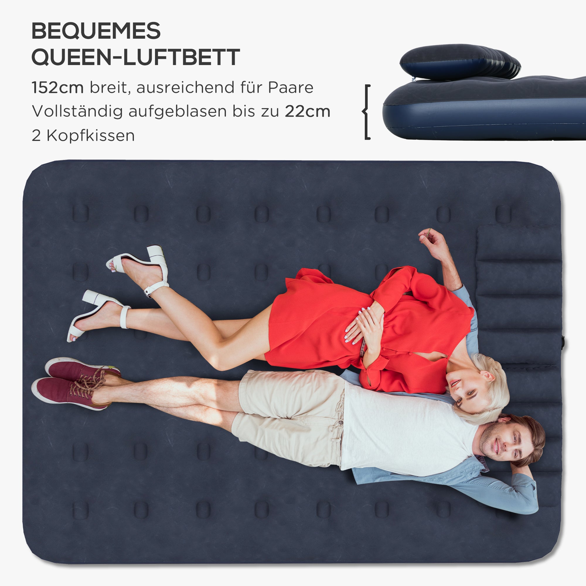 Outsunny Luftmatratze für 2 Personen, mit Handpumpe, weich & robust, 203x152x22cm, Blau