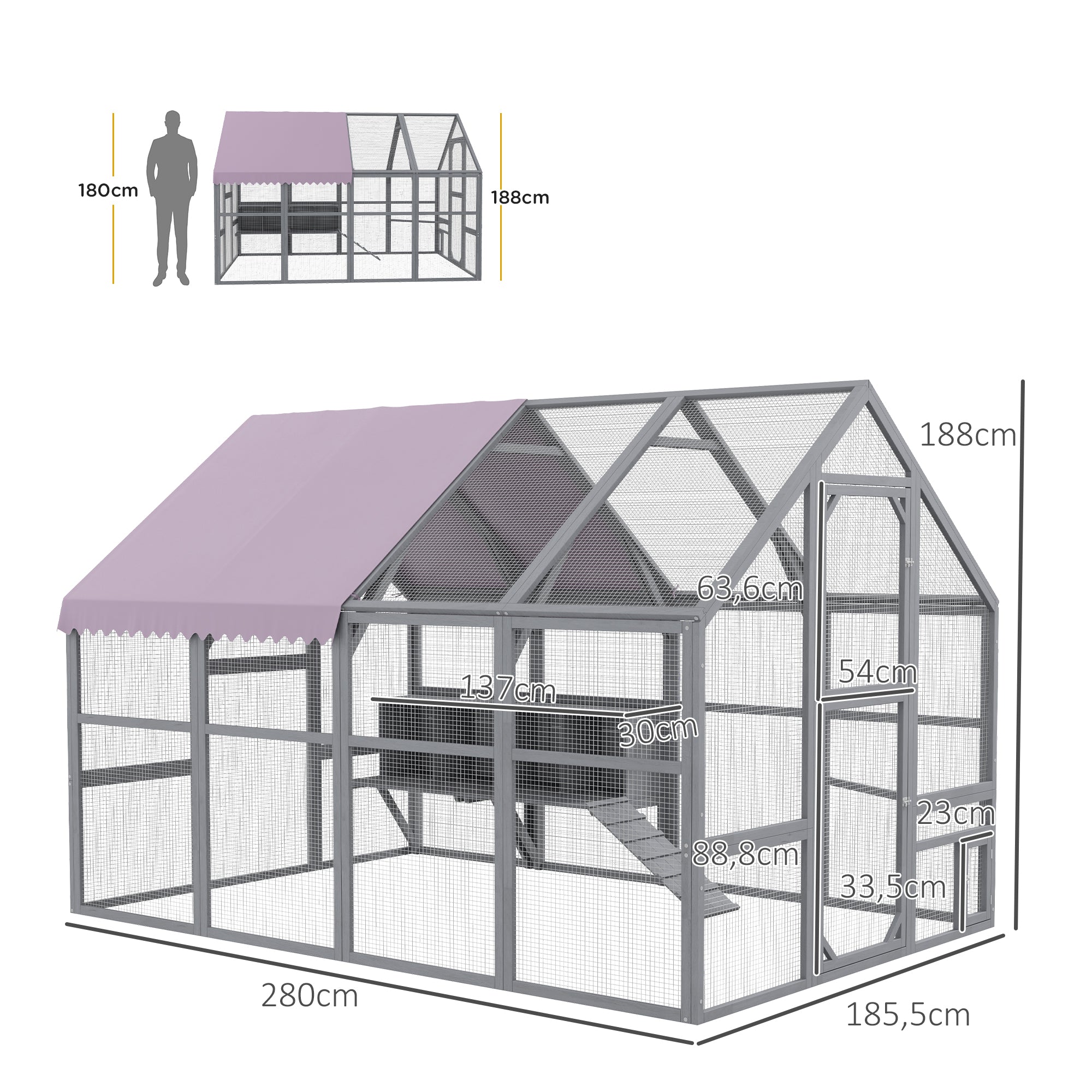 PawHut Hühnerstall Hühnerhaus Hühnerhütte, begehbar, wetterbeständig, 280 x 185,5 x 188 cm, Grau