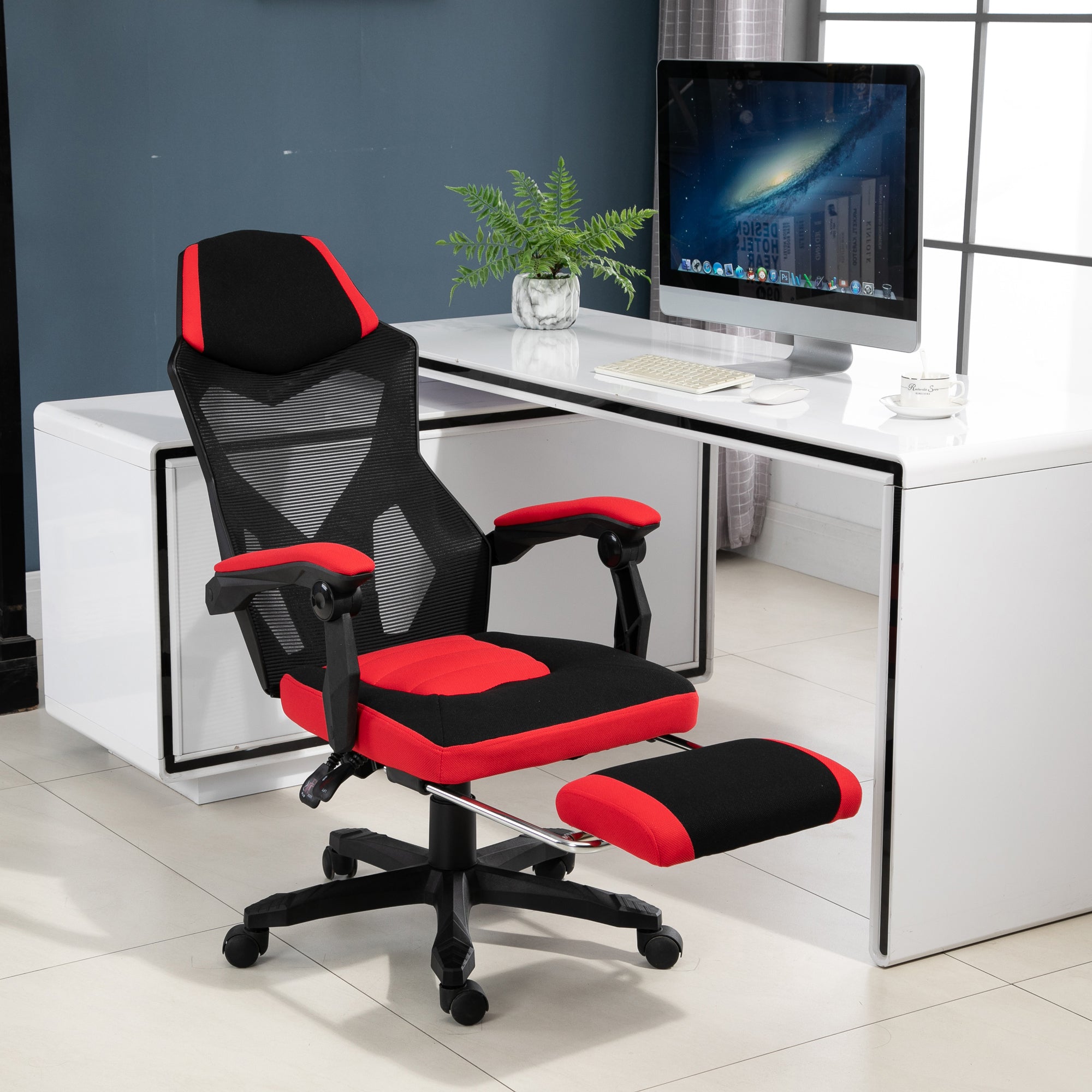 Vinsetto Ergonomischer Bürostuhl, Gaming Stuhl, Drehstuhl mit Fußstütze, PC Stuhl, Chefsessel,  höhenverstellbar, Polyester, Schwarz+Rot,58 x 63 x 112-122 cm
