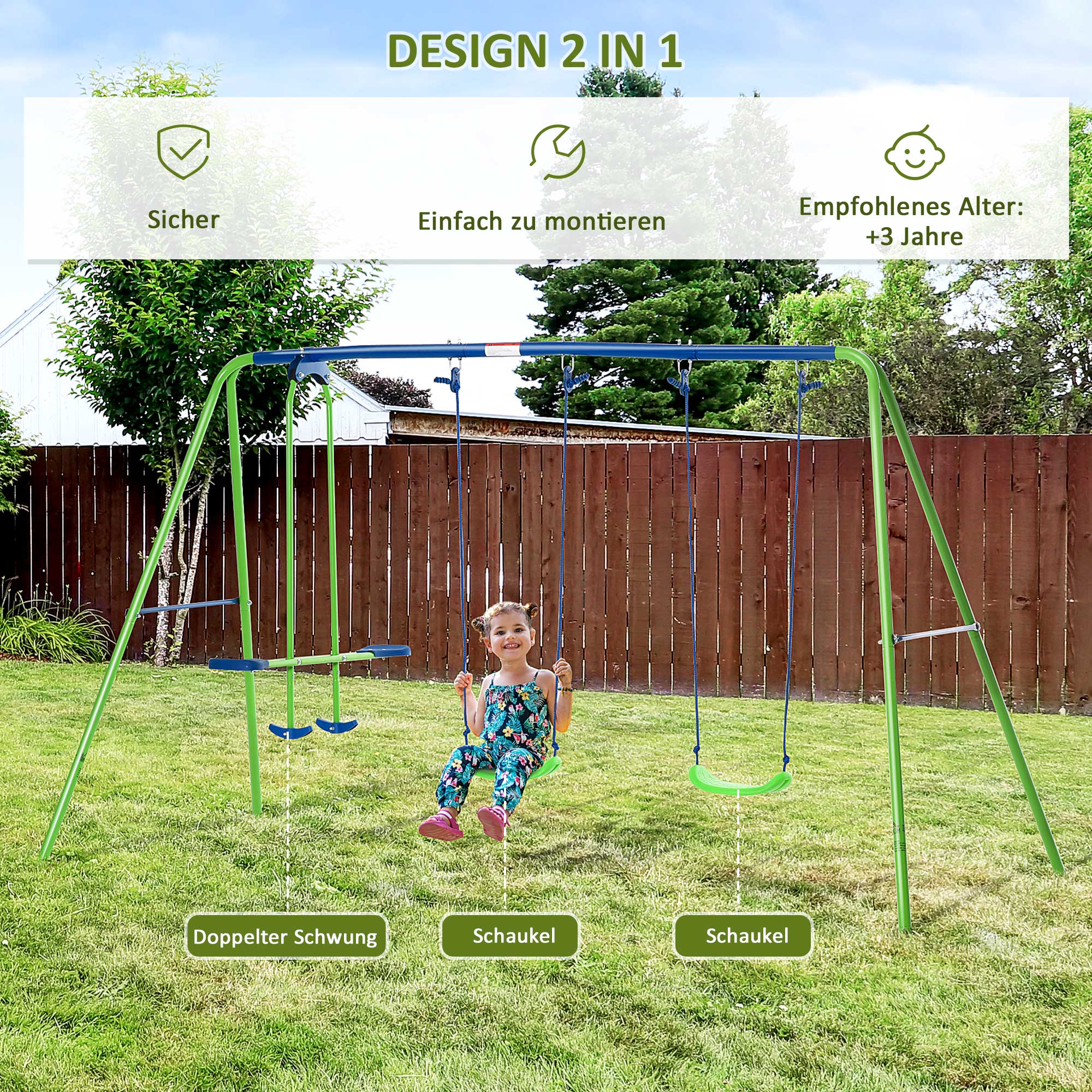 Outsunny Schaukelgestell, Outdoor-Schaukelgerüst mit 2 Schaukeln, Wippe, Kinderschaukel mit Metallgestell, Grün