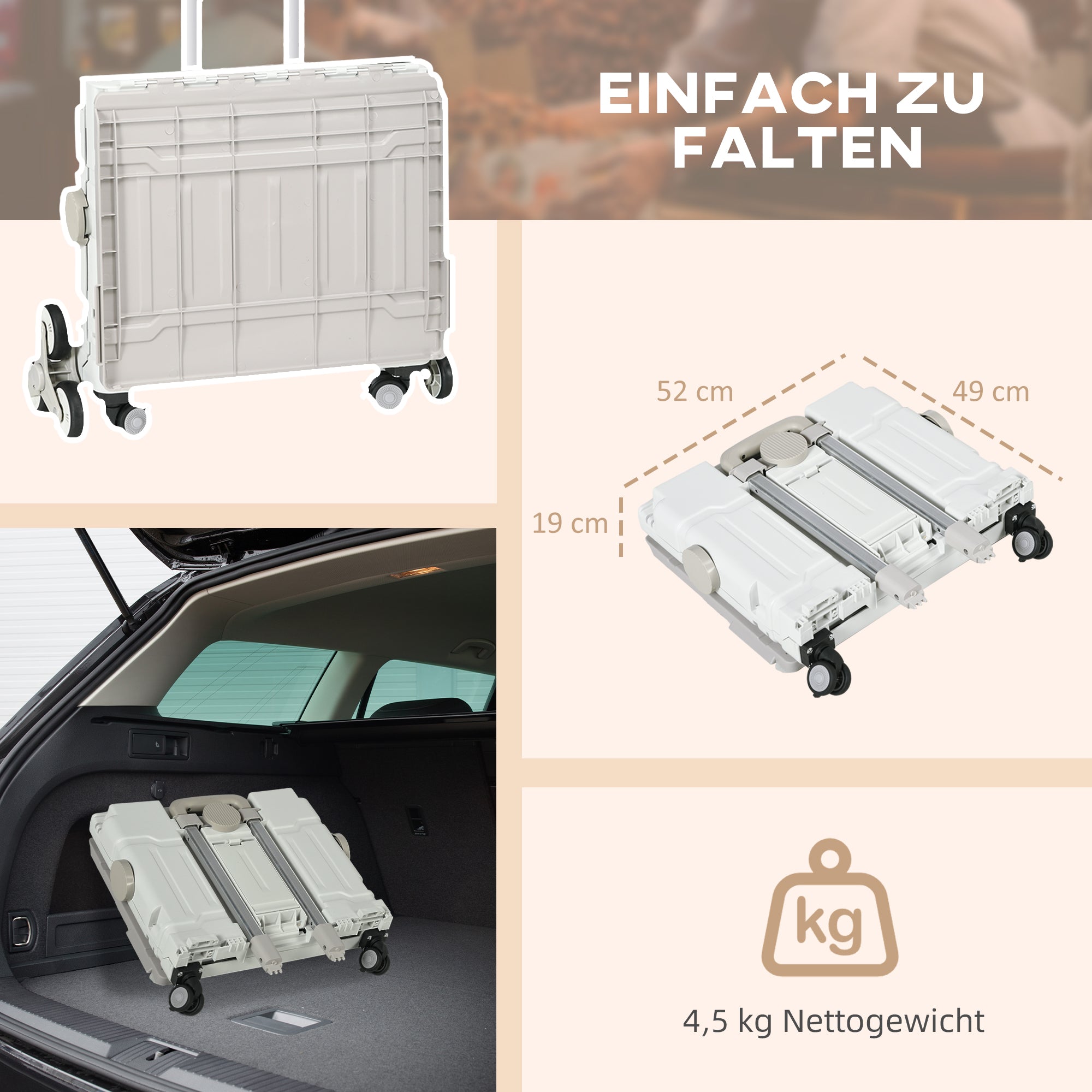 HOMCOM Einkaufstrolley Treppensteiger Mobile Transportbox,  klappbar, Teleskopgriff, bis max. 65 Kilo belastbar, Weiß