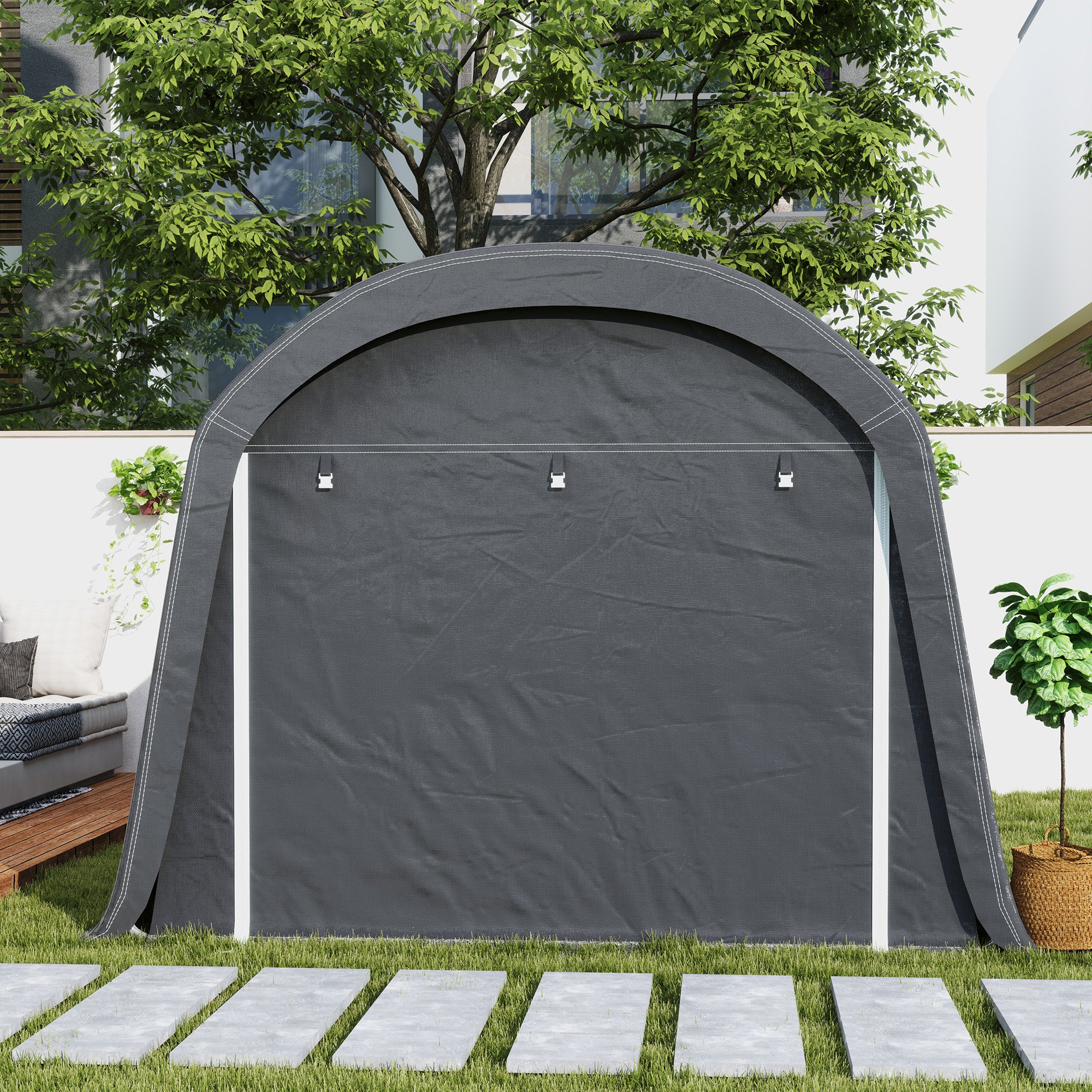Outsunny /Gartenschuppen mit Kunststoff-Plane, Werkzeugzelt, aufstellbare Garage, 300B x 450T x 230H cm, Dunkelgrau