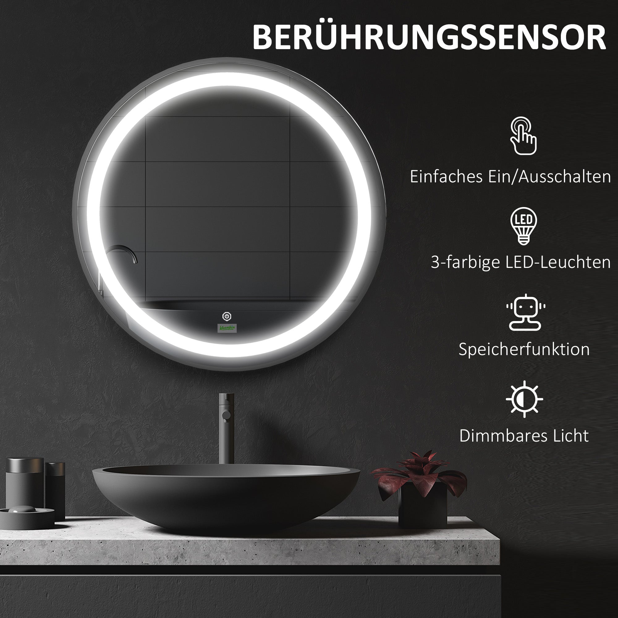 kleankin Badezimmerspiegel, LED-Beleuchtung, dimmbar, 3 Lichtfarben, Metallrahmen, Ø60 cm, Schwarz