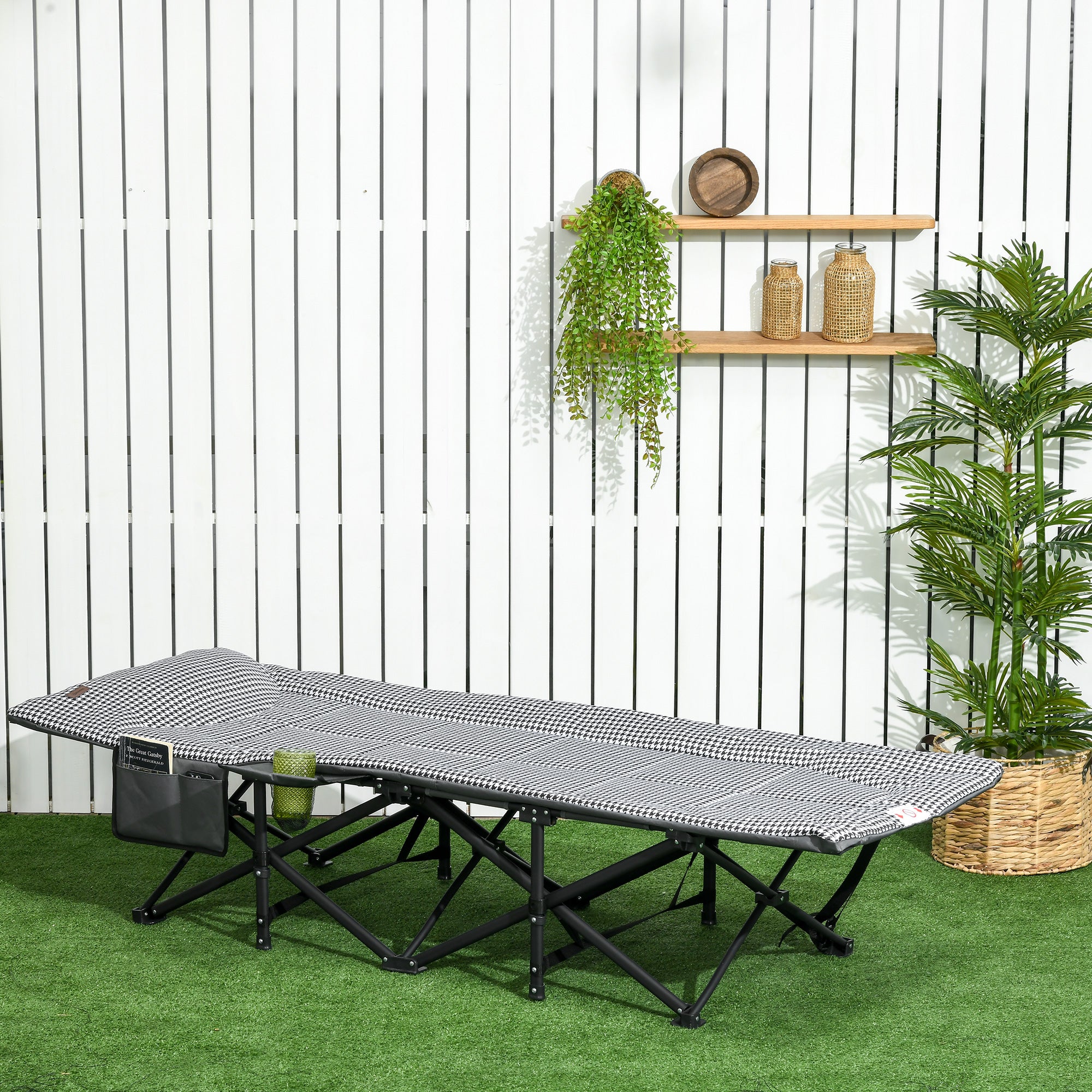 Outsunny Sonnenliege, klappbar, 1 Seitentasche, 1 Getränkehalter, 68 cm x 186 cm x 48 cm, Schwarz + Weiß