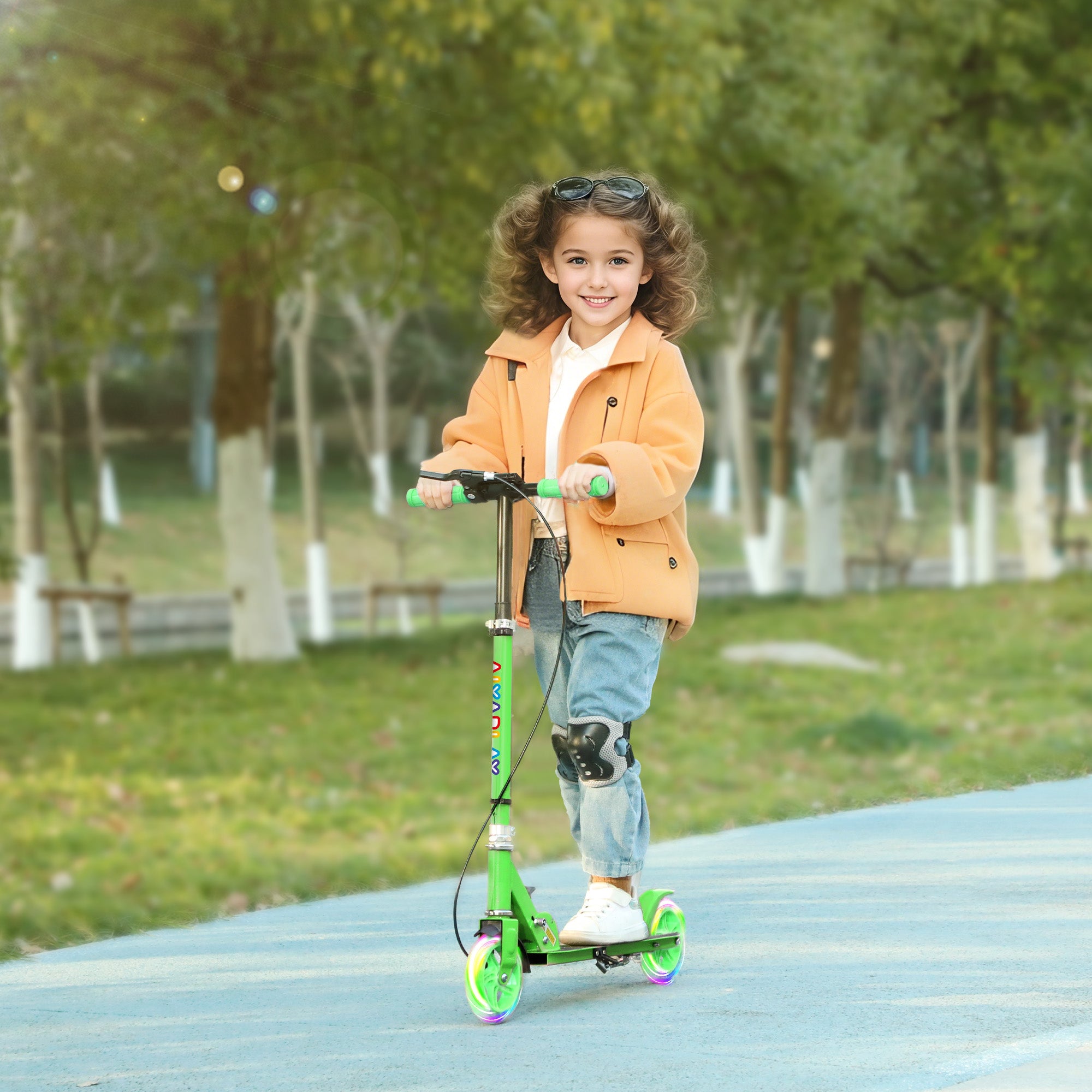 AIYAPLAY Kinderroller, Doppelte Bremsen, Metallrahmen, Fußstütze, faltbar, 3-8 Jahre, Grün