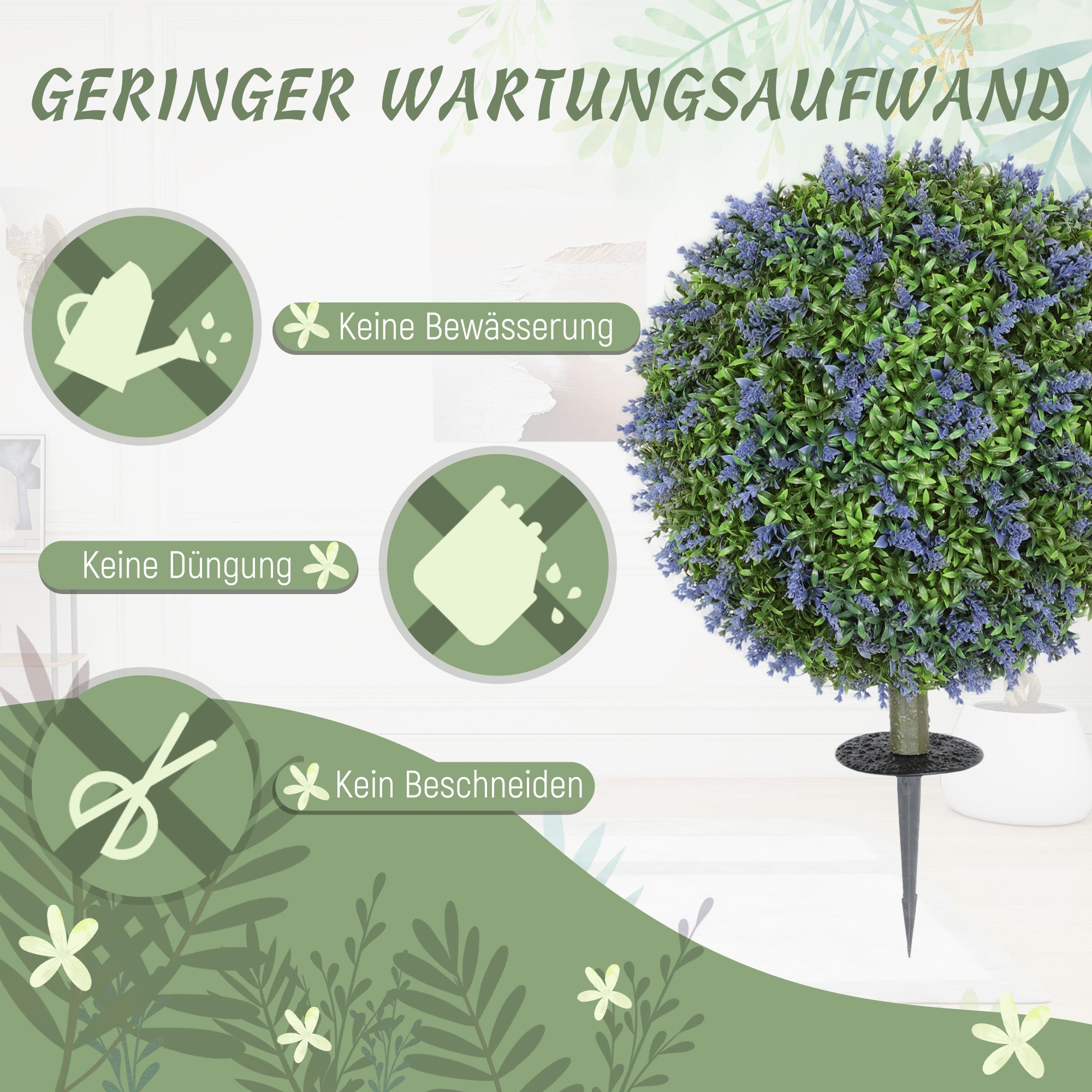 HOMCOM 2-teiliges Kunstbaum-Set, Künstliche Lavendelbäume, Erdspieße, UV-beständig