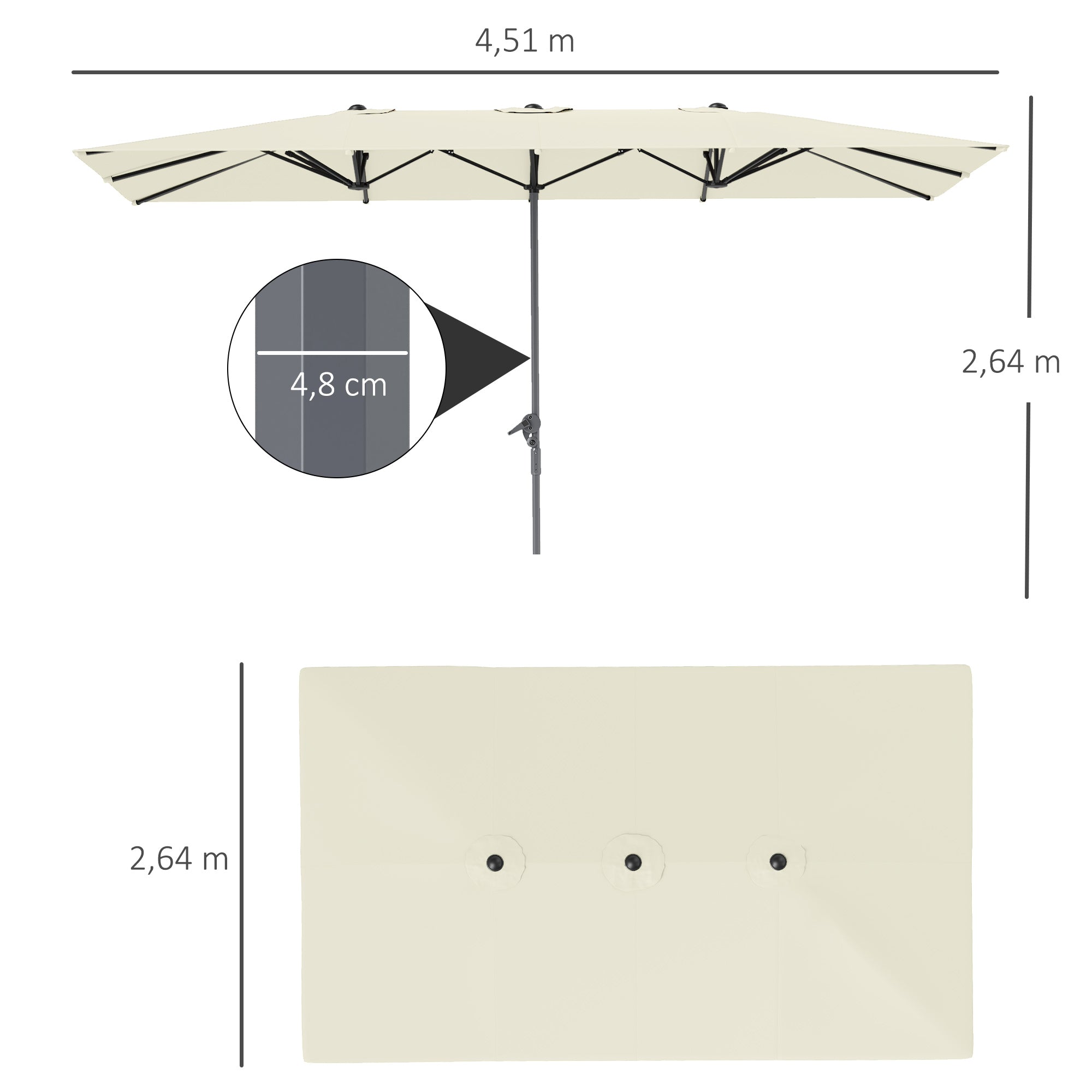 Outsunny Doppelseitiger Schirm, 451 x 264 cm Sonnenschirm mit Kurbelsystem, 12 Metallstreben, Aluminiummast, Cremeweiß