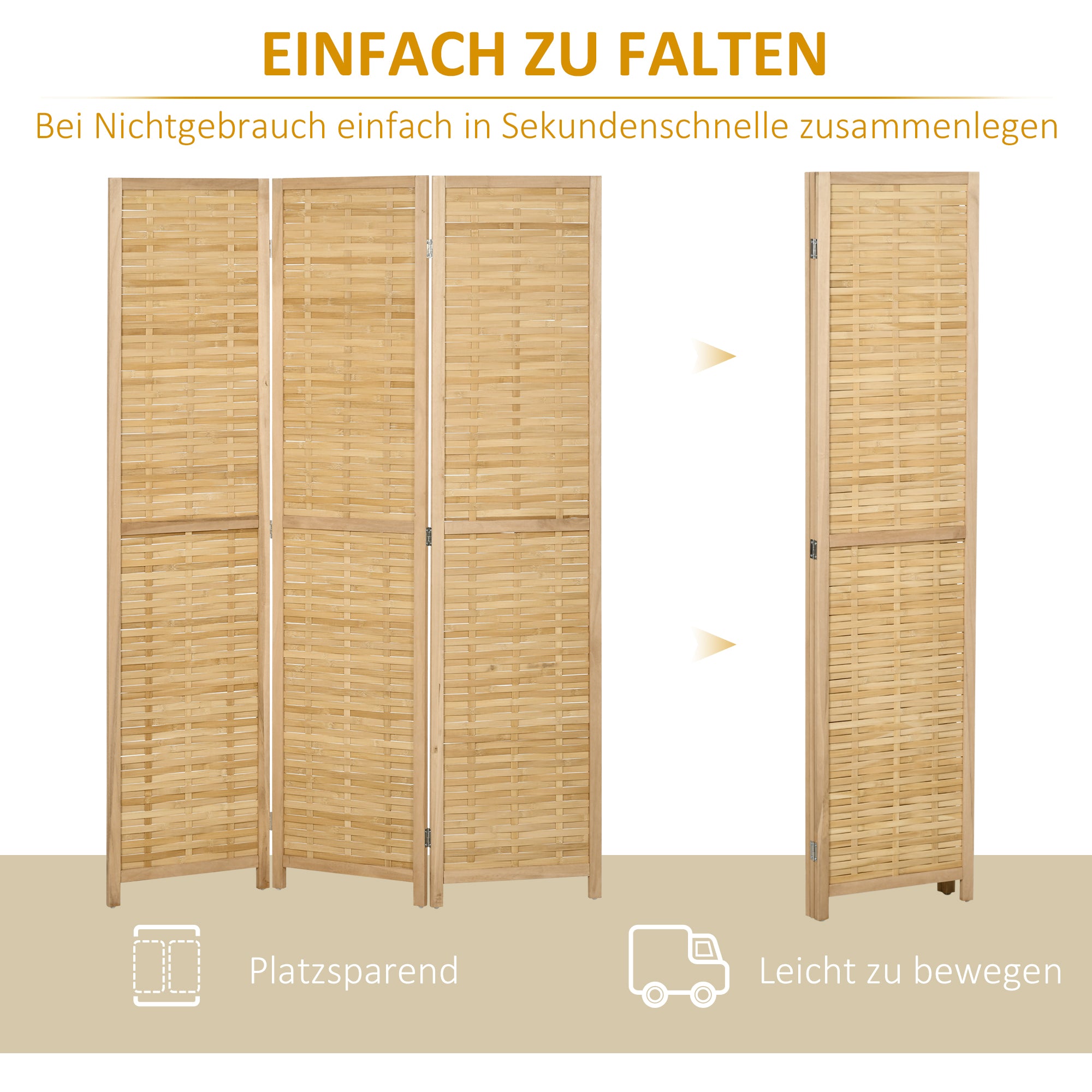 HOMCOM Raumteiler Klappbare Trennwand Sichtschutz, Bambus, 3-teilig, 120 cm x 170 cm x 1,8 cm, Natur