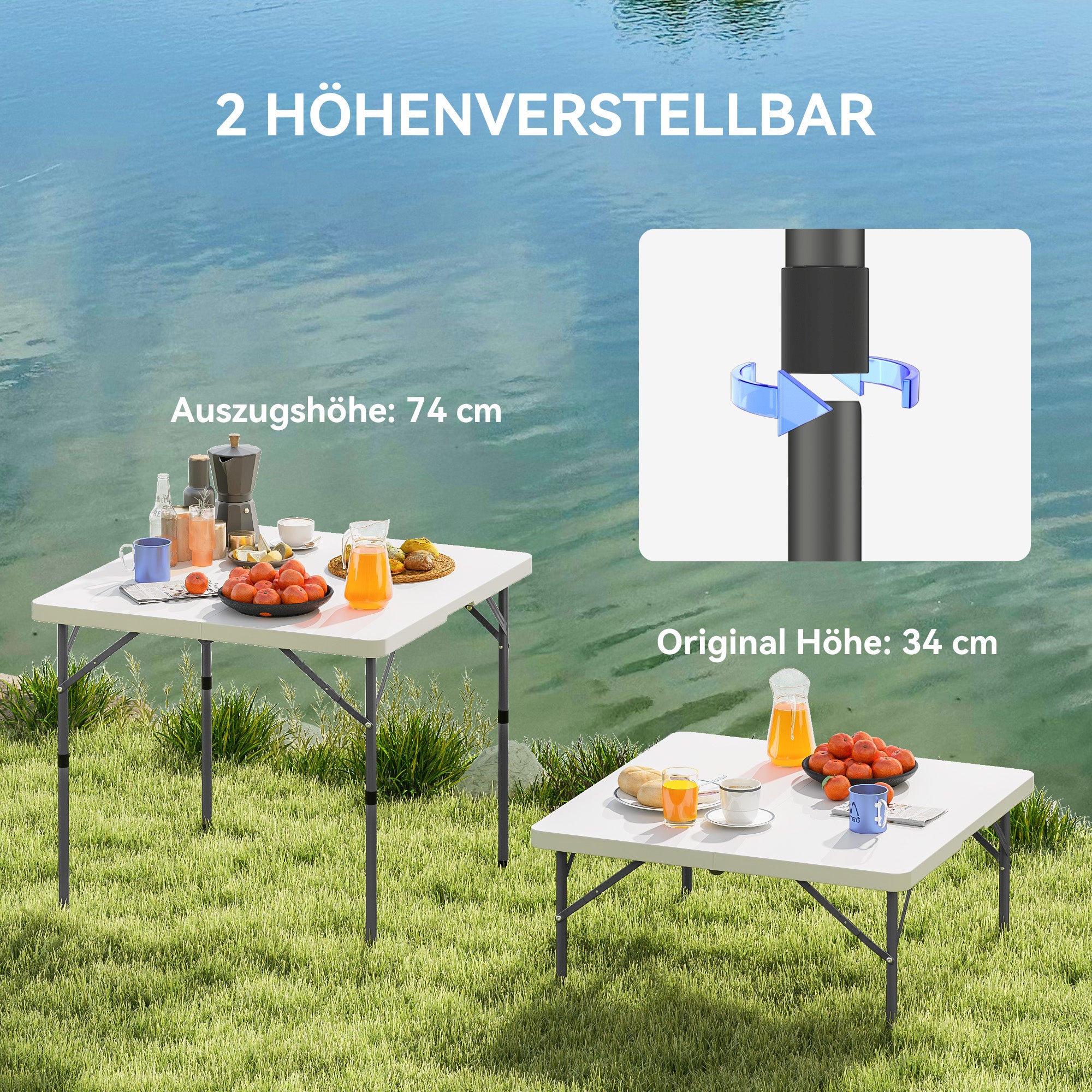 Outsunny Picknicktisch, Klappbarer Campingtisch, in zwei Höhen einstellbar, für Gartenpartys, Camping, Kunststoff, Metall, Weiß
