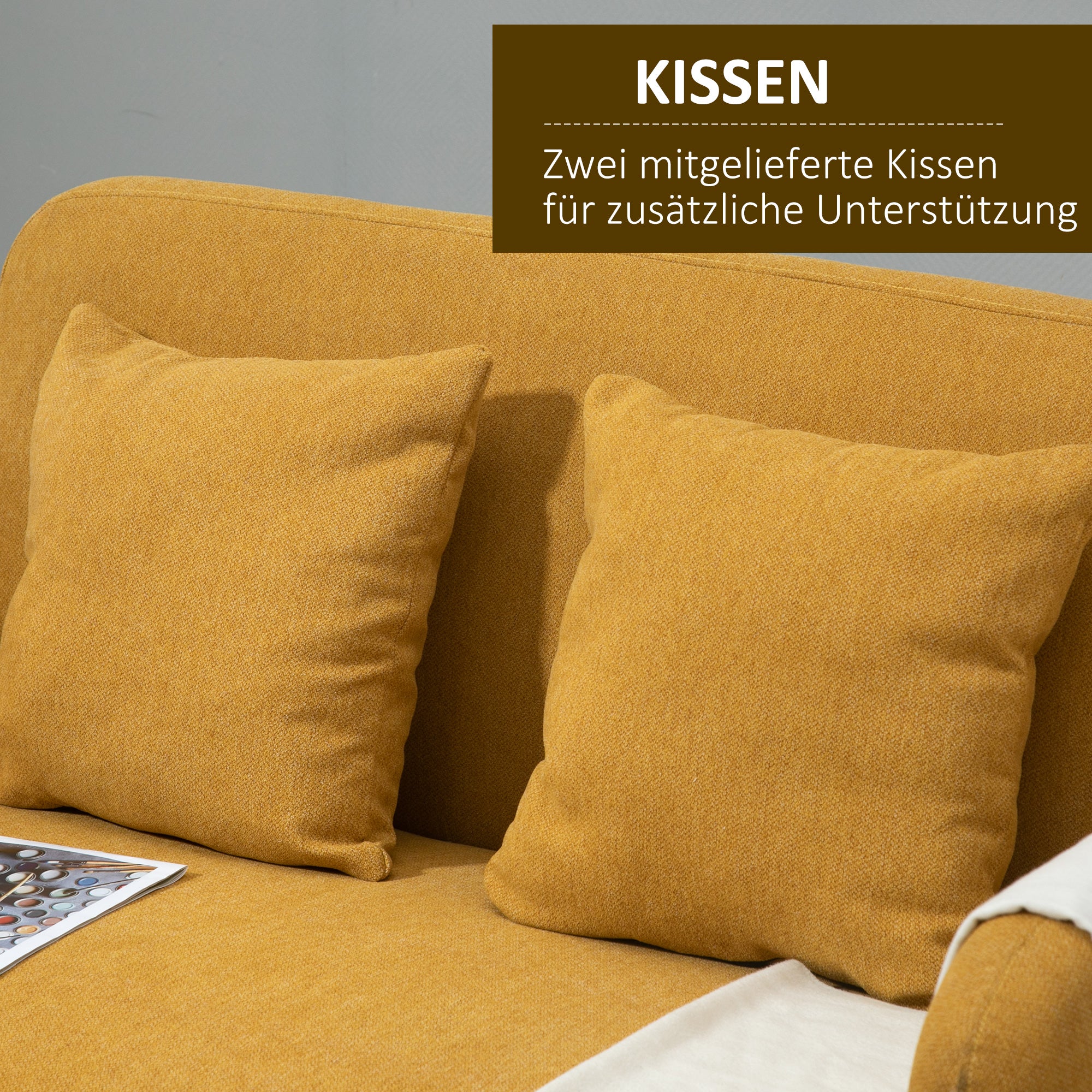 HOMCOM 2 Sitzer Sofa, Couch mit 2 Wurfkissen, gepolsterter Doppelsofa, Polstersofa mit Samtopik, Armlehne, Loveseat für Wohnzimmer, Schlafzimmer, 130 x 70 x 80 cm, Gelb