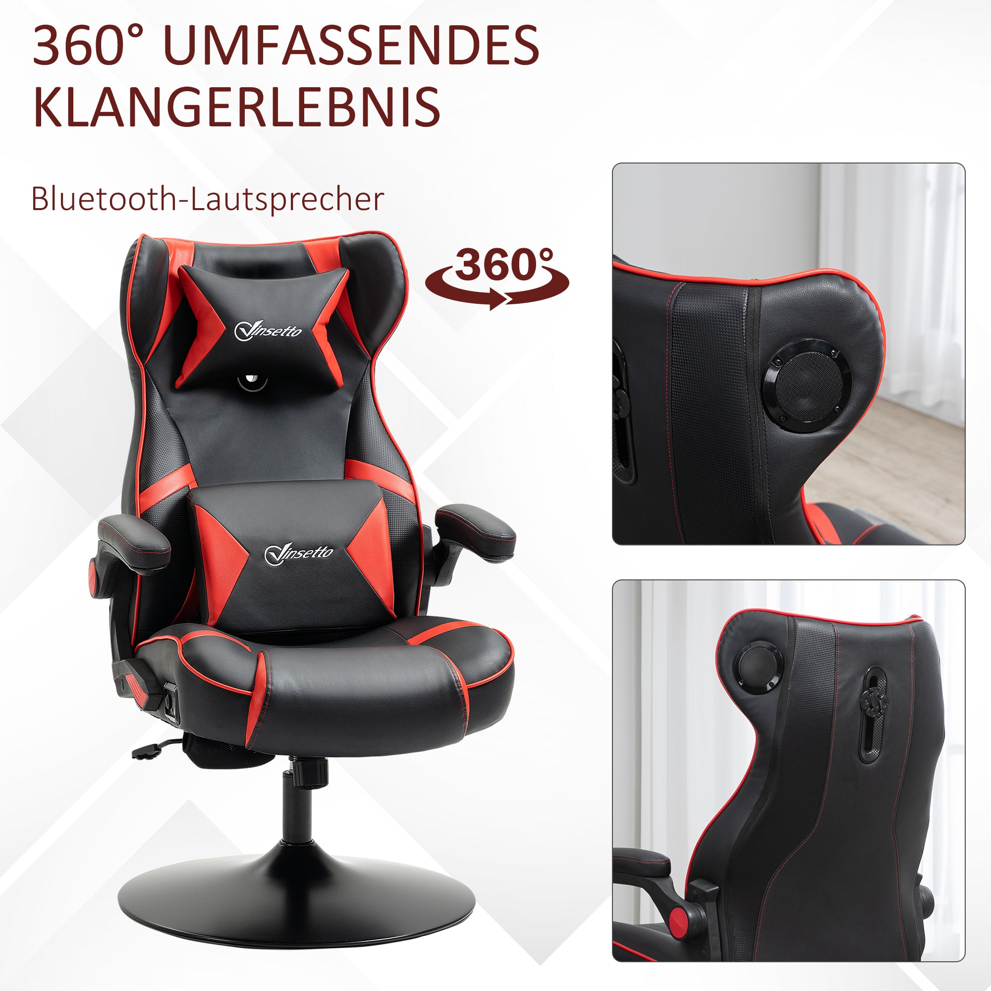 Vinsetto Gamingsessel, Gamingstuhl, integrierte Lautsprecher, neigbare Rücklehne, schwarz+rot, 69 x 73 x 118cm