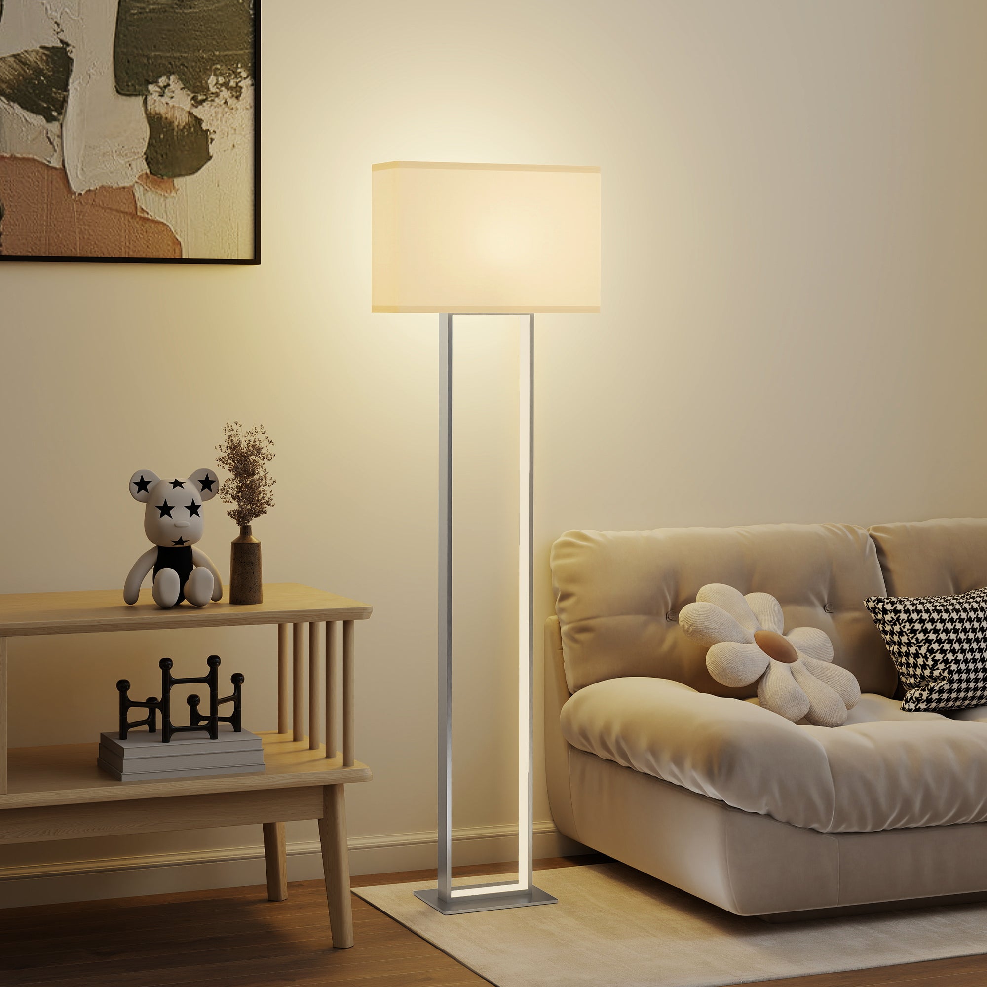 HOMCOM Moderne Stehlampe, 3 Modi, Fußschalter, verstellbare Helligkeit, Leinenoptik, Weiß