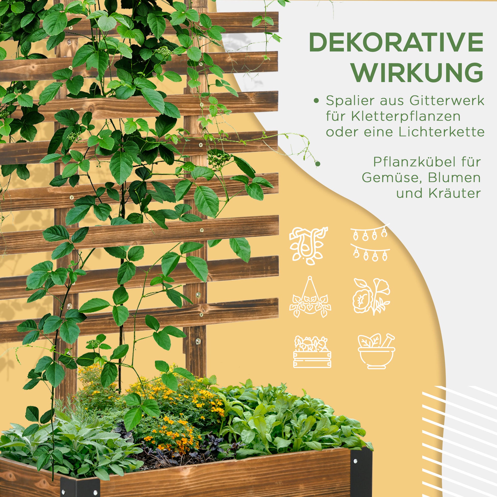 Outsunny Hochbeet mit Rankhilfe, 4 Rollen, behandeltes Massivholz, 65 cm x 31 cm x 147 cm, Schwarz + Braun