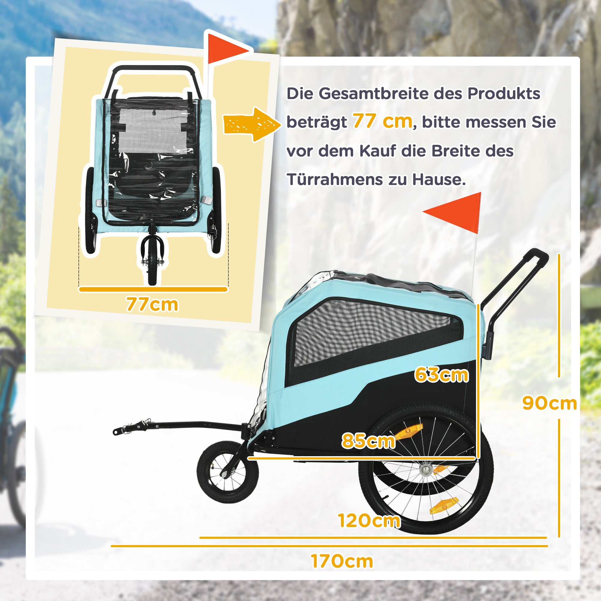 PawHut 2-in-1 Hundeanhänger Hundewagen Fahrradanhänger bis 30kg klappbar Schiebefunktion 2 Eingänge Netzfenster Sonnenschutz Stahlrahmen hellblau 170 x 77 x 90 cm