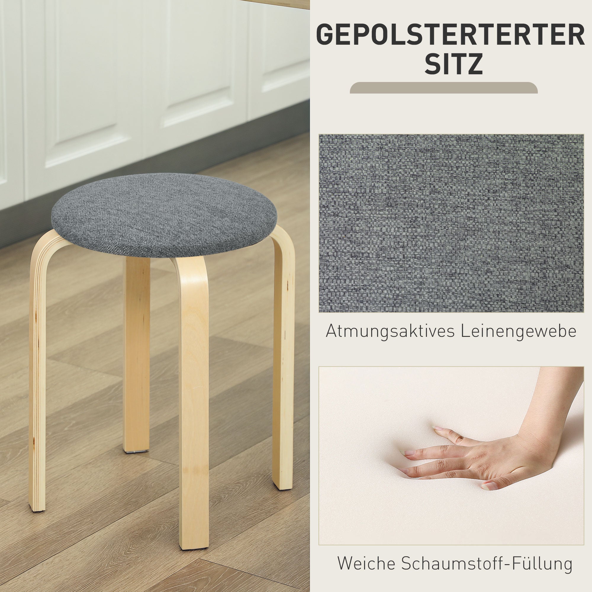 HOMCOM Polsterhocker im 4er-Set, stapelbar, lackierte Oberfläche, Holzbeine, Grau