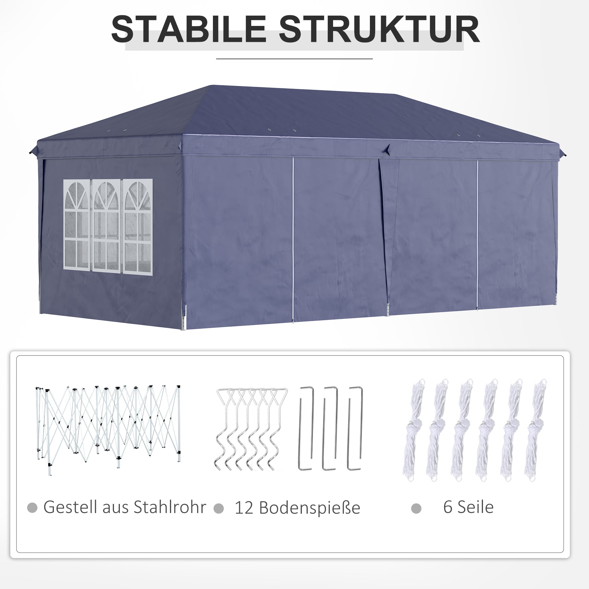 Outsunny Faltpavillon 6 x 3 m, abnehmbare Seitenwände, große Fenster, Reißverschlusstüren, Stahlrahmen, Blau