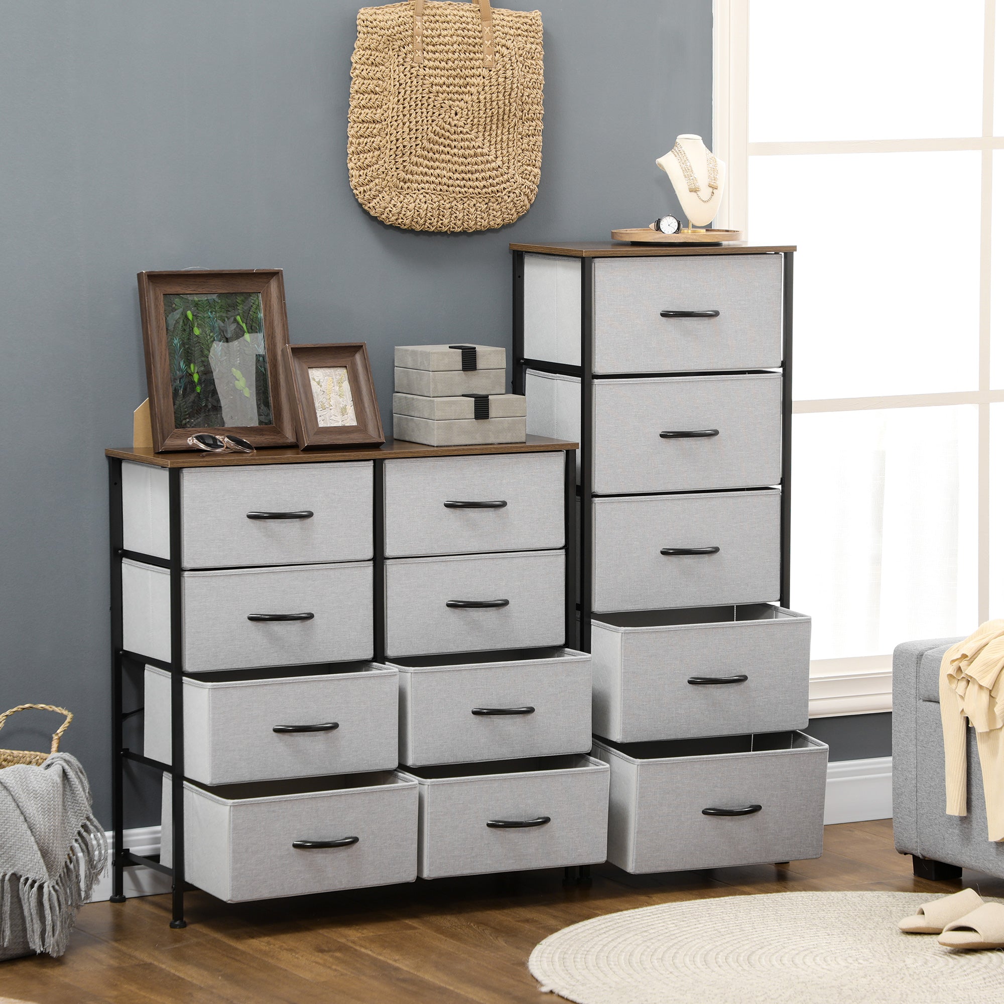 HOMCOM Kommode mit 5 Schubladen aus Stoff Aufbewahrungsschrank mit Griffen 45 x 30 x 116 cm Grau
