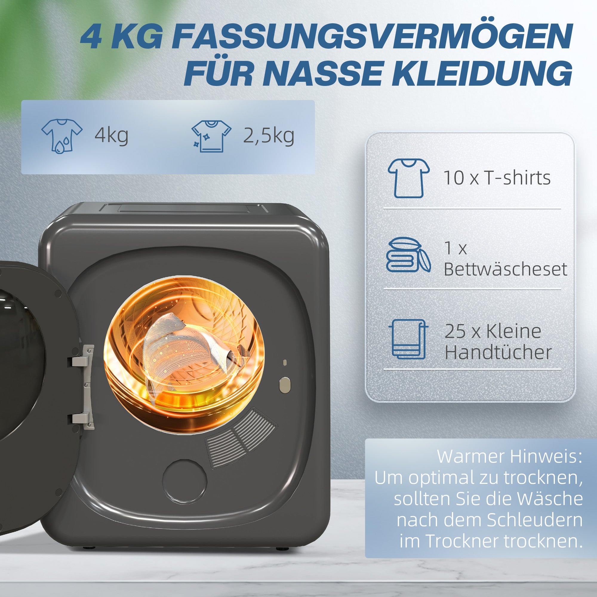 HOMCOM Wäschetrockner mit UV-Desinfektion, kompakte Bauweise, 4 kg Kapazität, Edelstahl, Grau