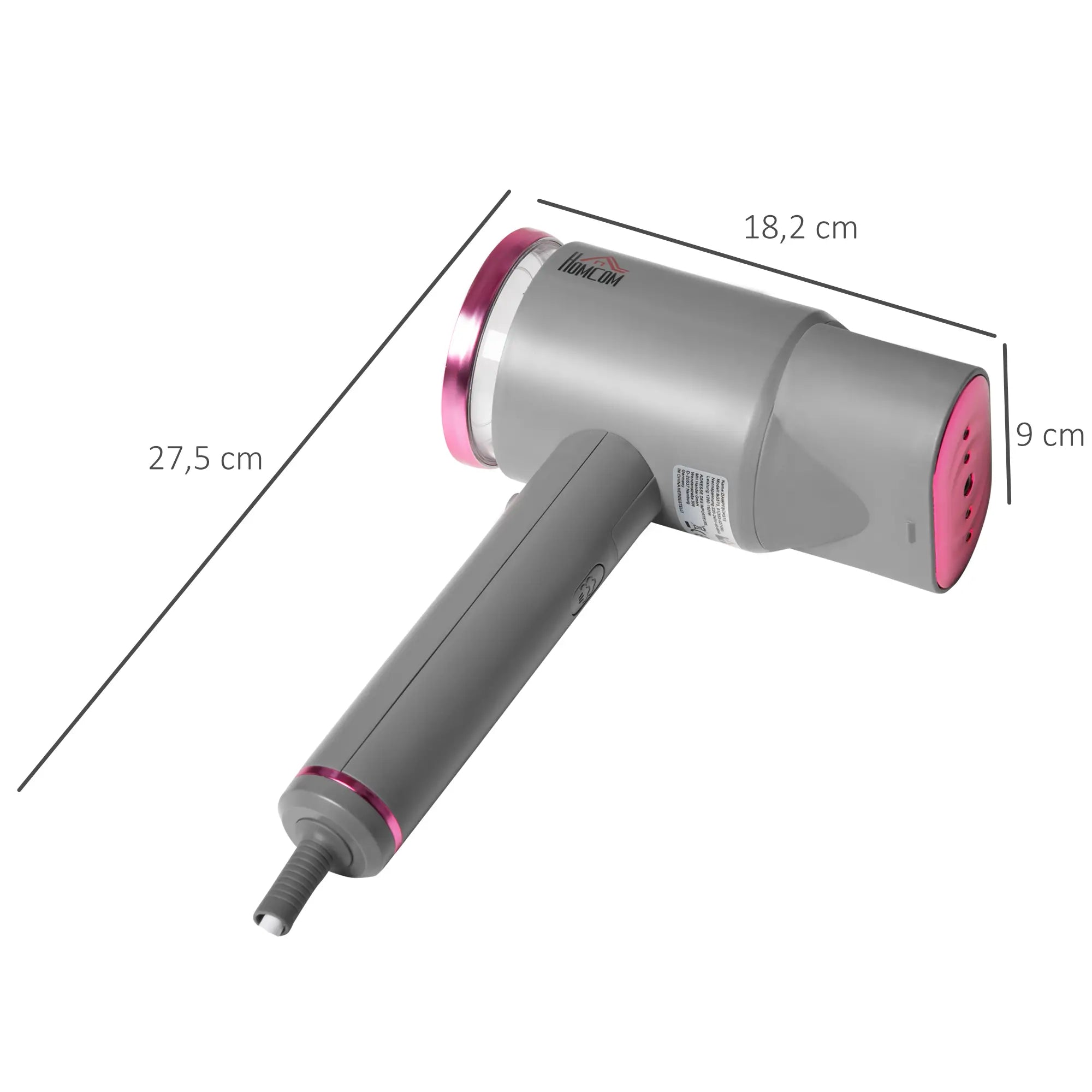 HOMCOM Dampfglätter Dampfbürste Steamer Reisebügeleisen faltbar Kleidung Hemden Dampfbügeleisen mit 160 ml Wassertank 1520 W schnelles Aufheizen Aluminium Kunststoff Grau+Rosa 27,5 x 18,2 x 9 cm