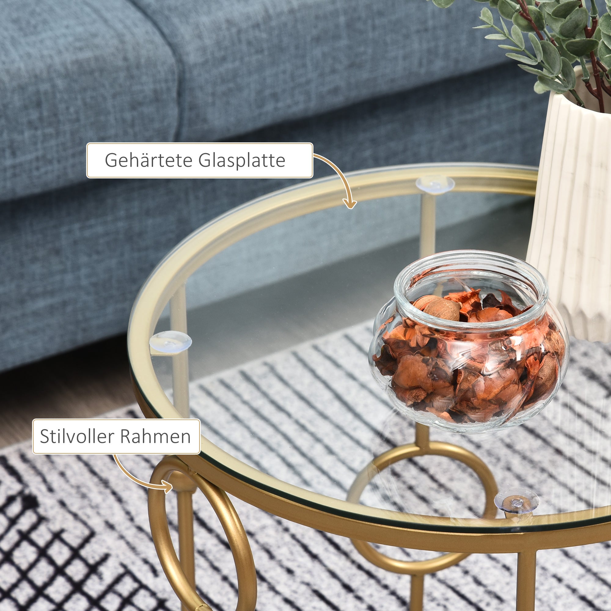 HOMCOM 2er-Set Couchtisch, Beistelltisch mit Glasplatte, Wohnzimmertisch mit Reifen- und Kugeldesign Ø41 x 57 cm, Gold