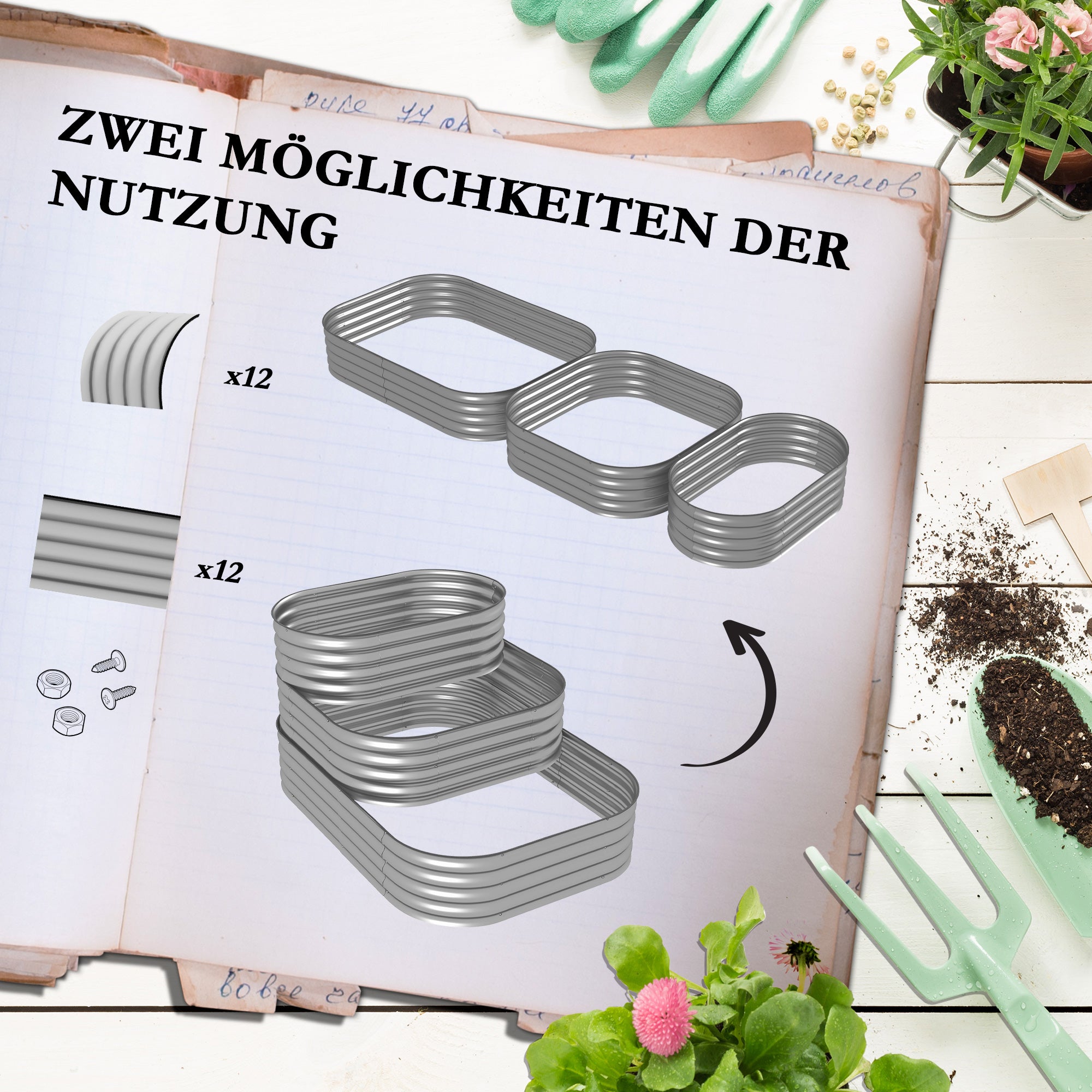 Outsunny Hochbeet Outdoor-Blumentreppe Pflanzkasten, 3 Stufen, 158 cm x 109 cm x 82 cm, Silber