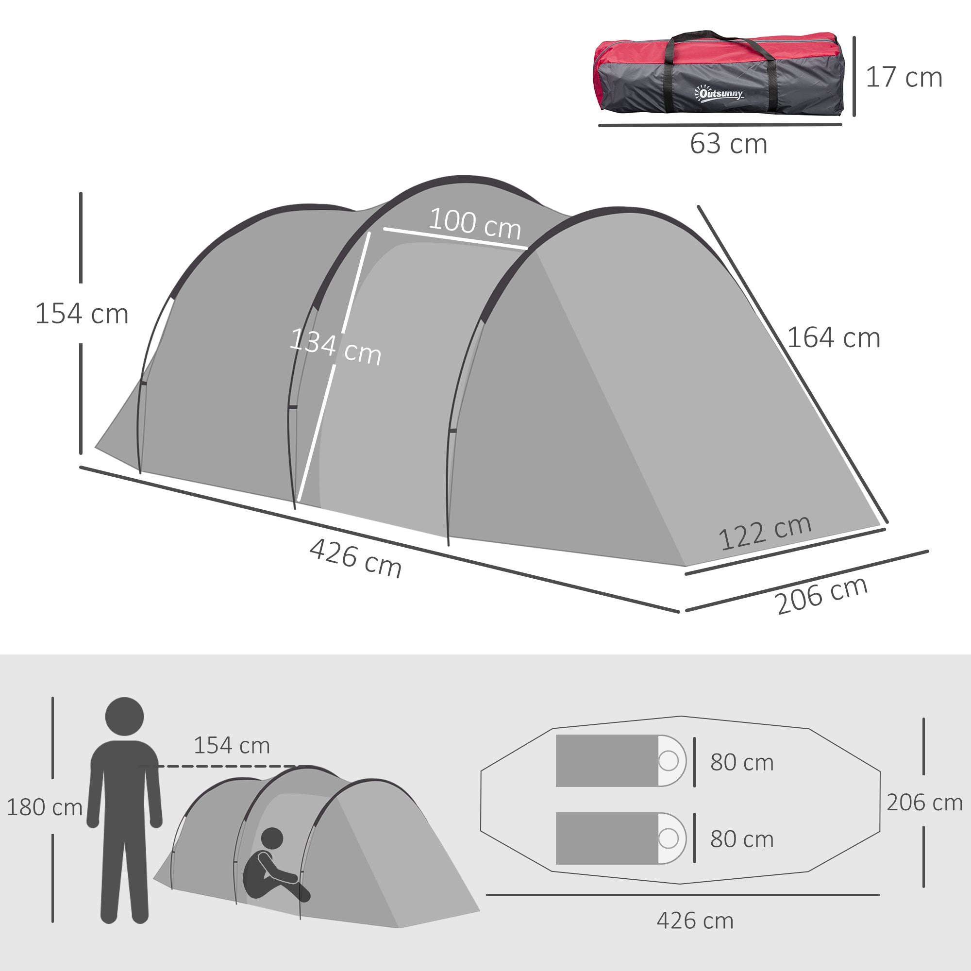Outsunny Campingzelt, Wurfzelt für 2-3 Personen, Vorraum & Schlafbereich, wasserdicht, 426 x 206 x 154 cm, Grau