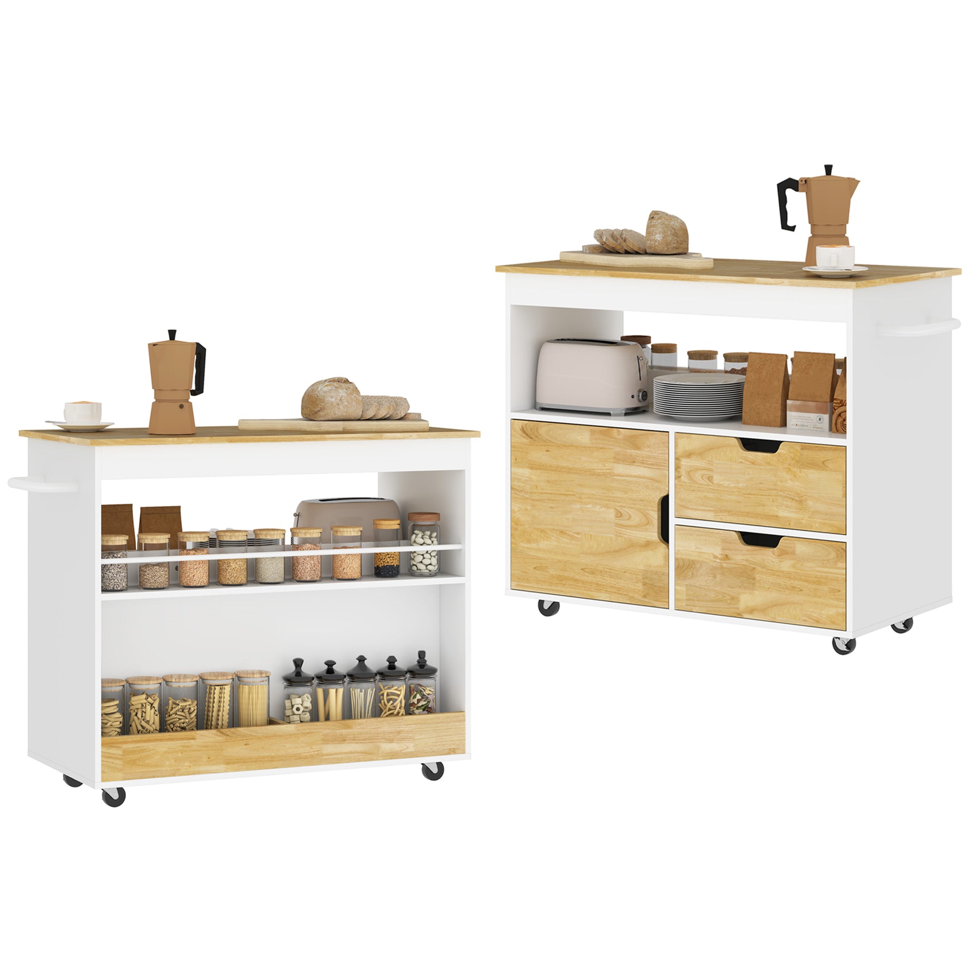 HOMCOM Küchenwagen, Rollbare Kücheninsel, Küchen-Trolley mit Fächern, Schrank und Arbeitsfläche, Weiß