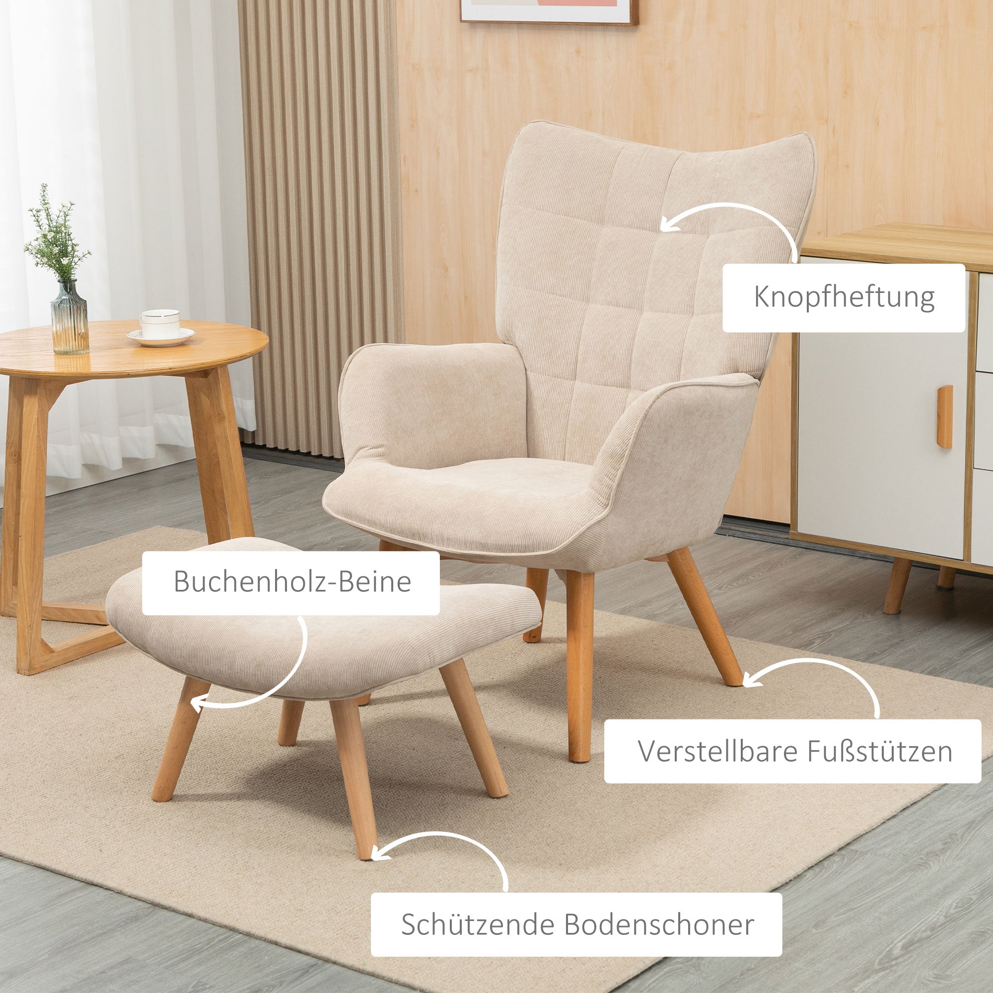 HOMCOM Akzentsessel mit Hocker, Relaxsessel in Cord-Optik, Armlehnstuhl mit Holzbeinen, für Wohnzimmer, Beige