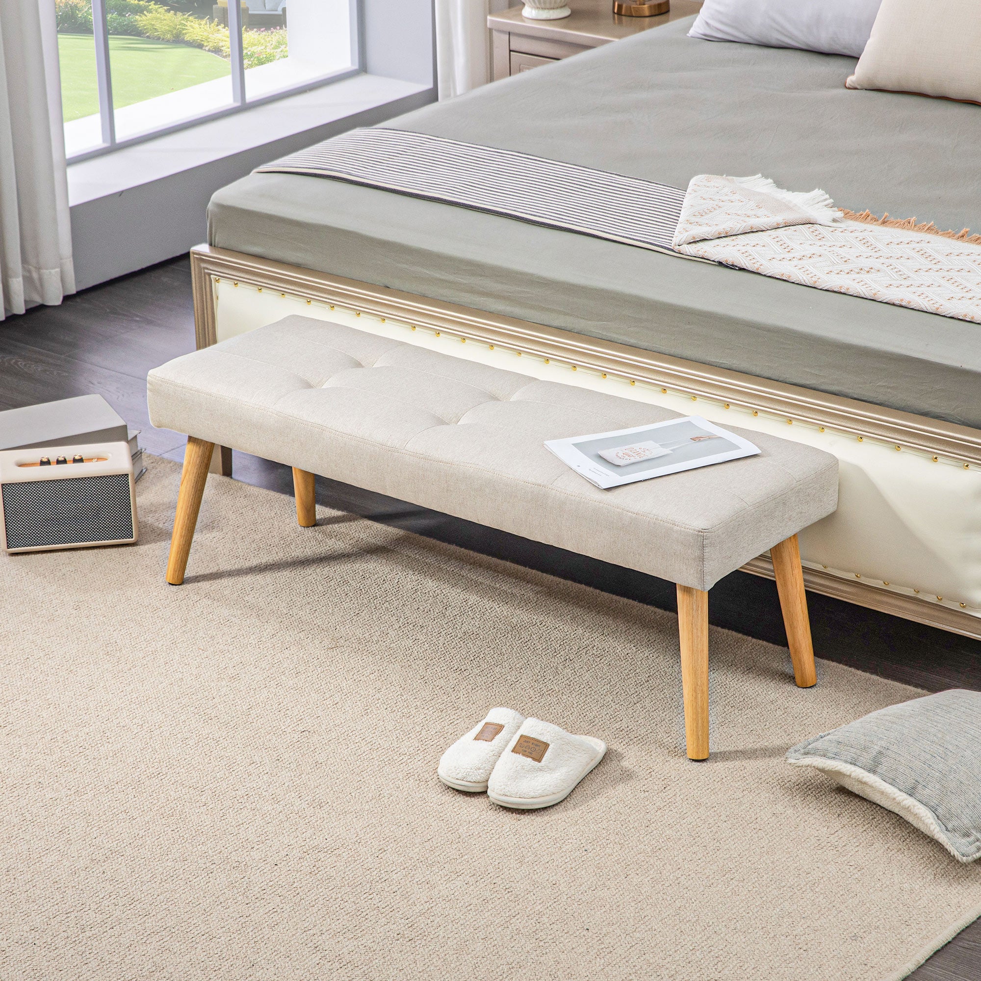 HOMCOM Bettbank, Sitzbank, weicher Bezug, Leinenoptik, bis 120 kg, Naturholzbeine, 120x41x43cm, Creme