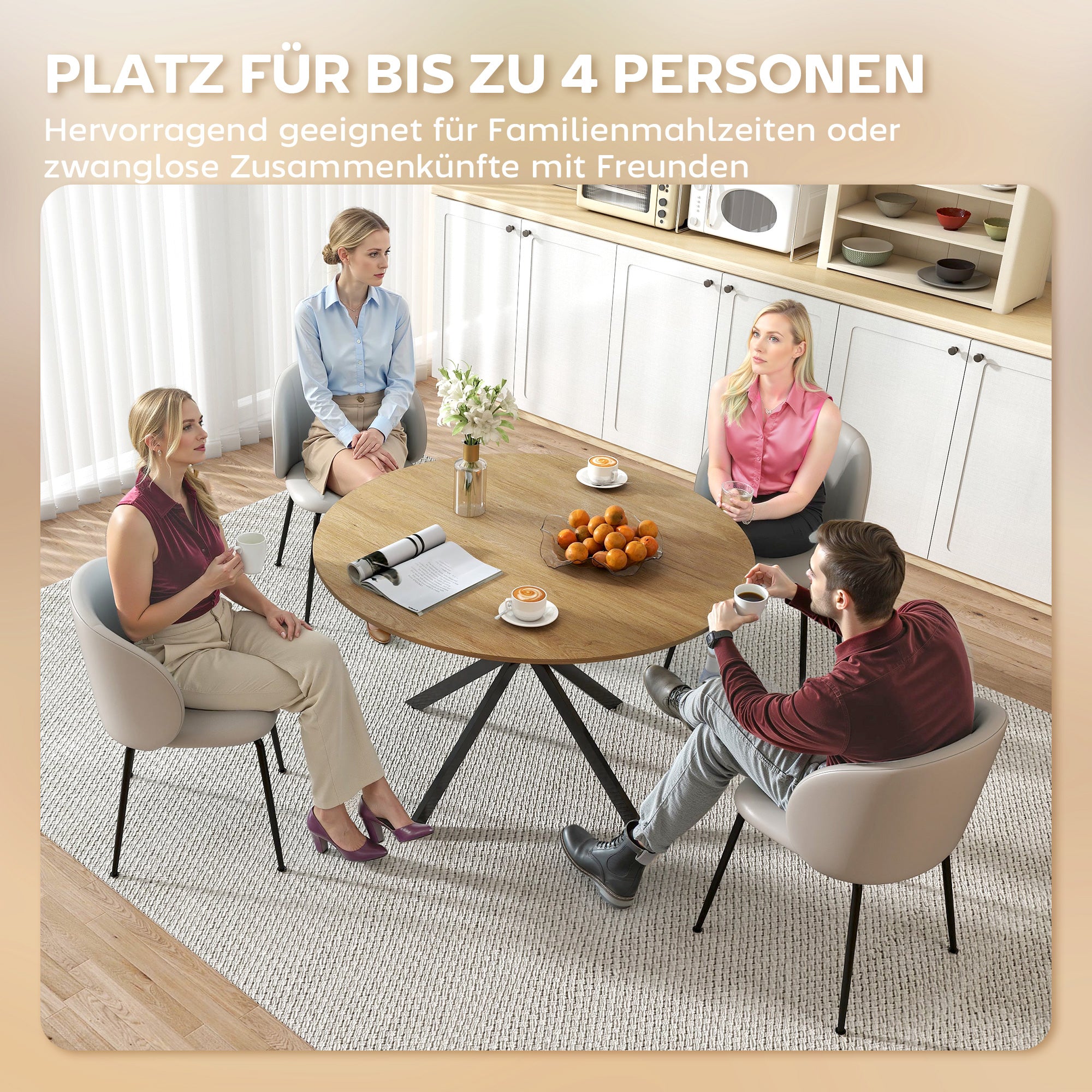 HOMCOM Runder Esstisch für 4 Personen, Küchentisch im Industriestil mit Stahlbeinen, für Esszimmer, Küche, Eiche