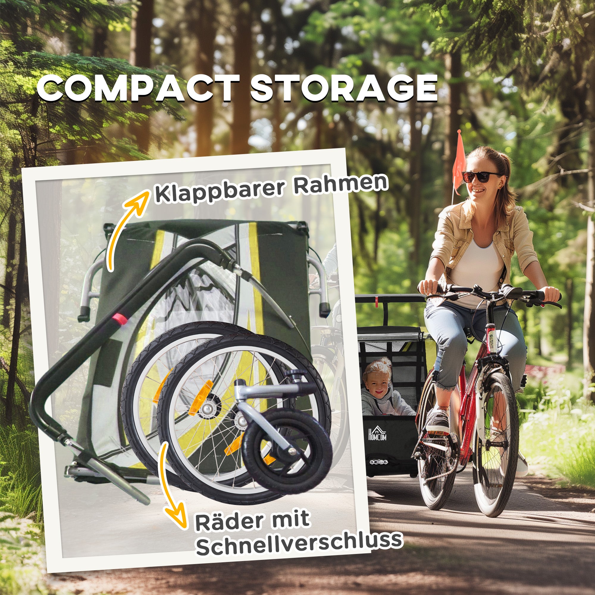HOMCOM 2-in-1 Fahrradanhänger für 2 Kinder, Schiebefunktion, Regenschutz, Bremse, Gelb
