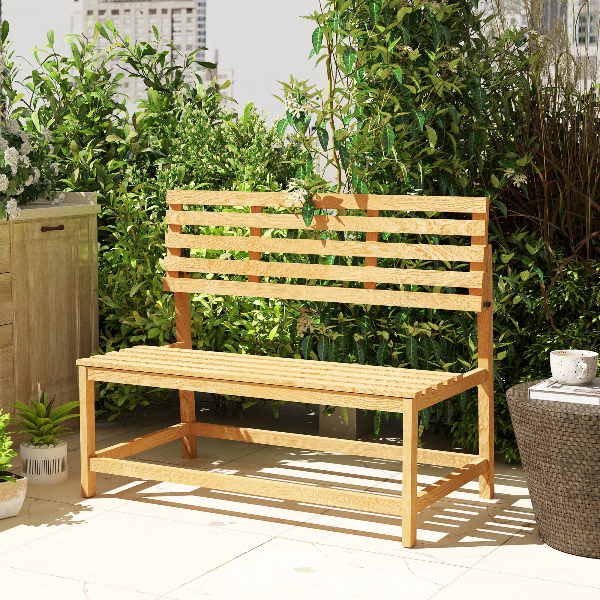 Outsunny 2-Sitzer Gartenbank Holz, wetterfest Sitzbank, UV-Beständig Gartenmöbel mit Umwandelbare Rückenlehnen 110x61x89cm, Teak