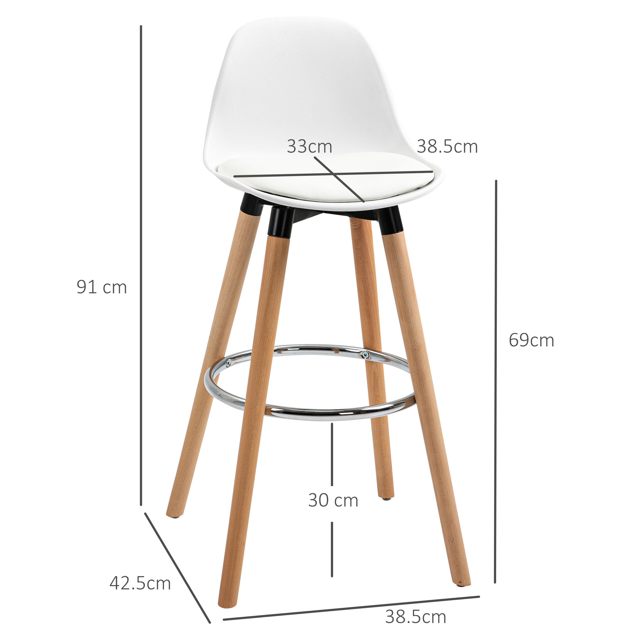 HOMCOM 2er-Set Barhocker Barstühle Skandi-Design, Fußtstütze, 38,5 cm x 42,5 cm x 91 cm, Natur + Weiß