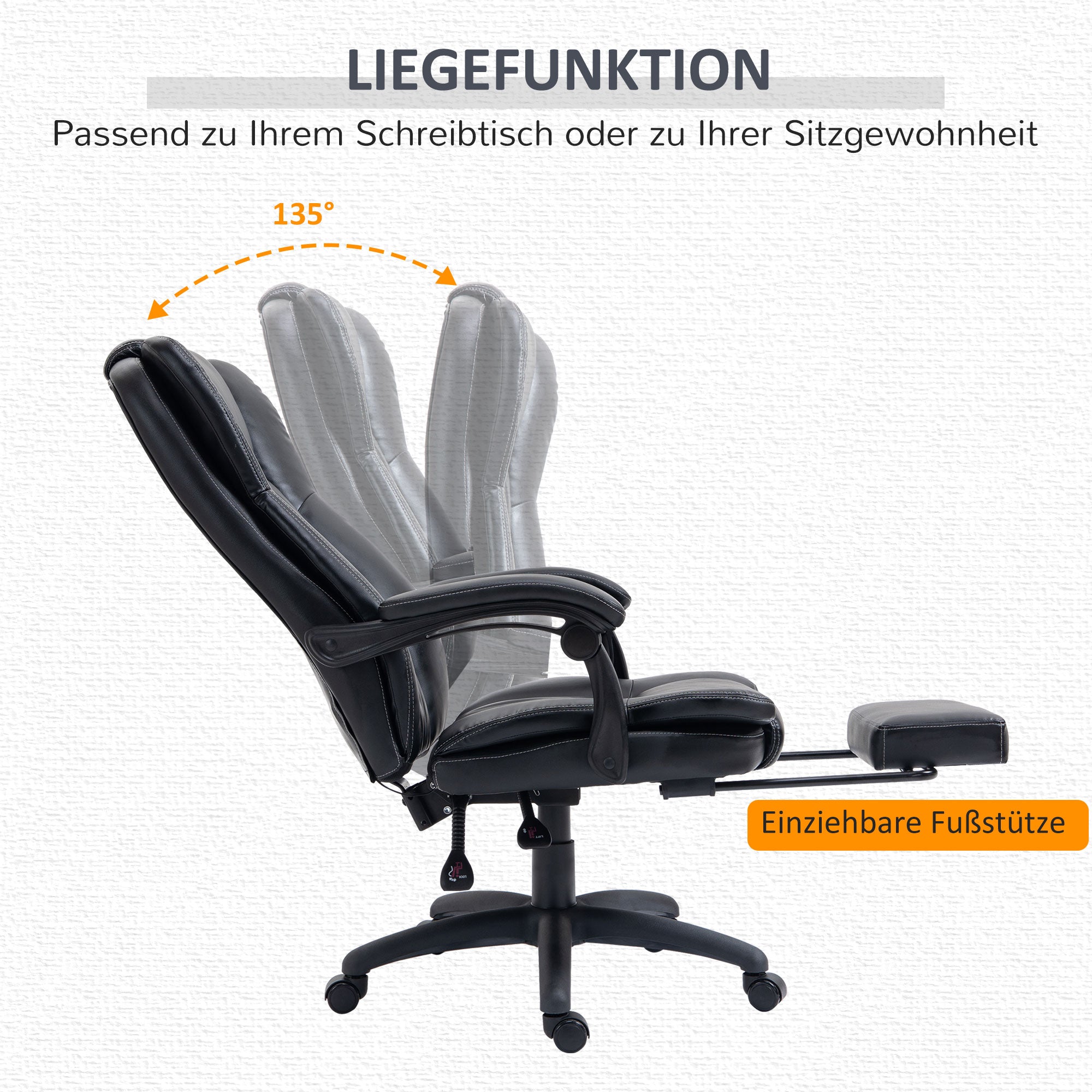 Vinsetto Verstellbarer Drehstuhl mit Fußstütze, Kopfstütze, Massagefunktion, Kunstleder, 68,5x68,5x113-121cm, Schwarz