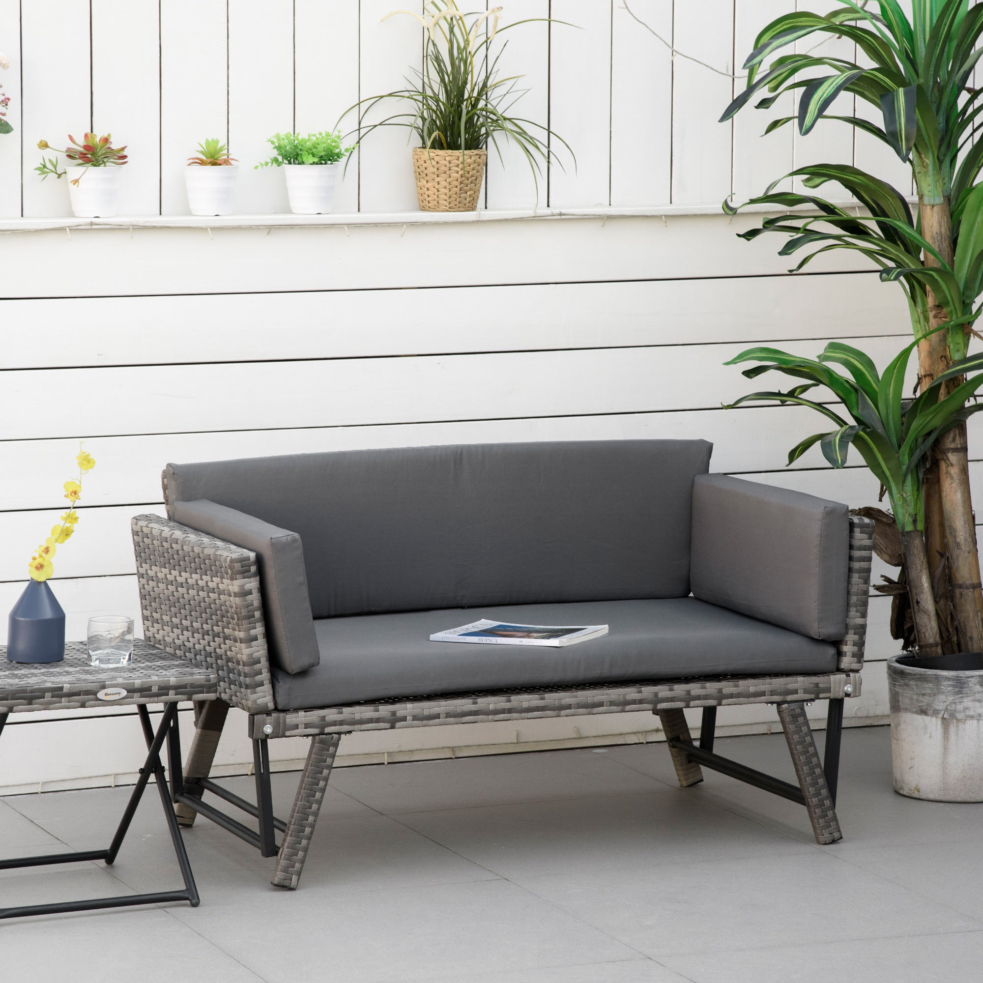 Outsunny Polyrattan Gartensofa 2 Sitzer Gartenmöbel Loungesofa Gartenbank Gartenliege klappbar Armlehnen Stahl Grau 129 x 63 x 67 cm