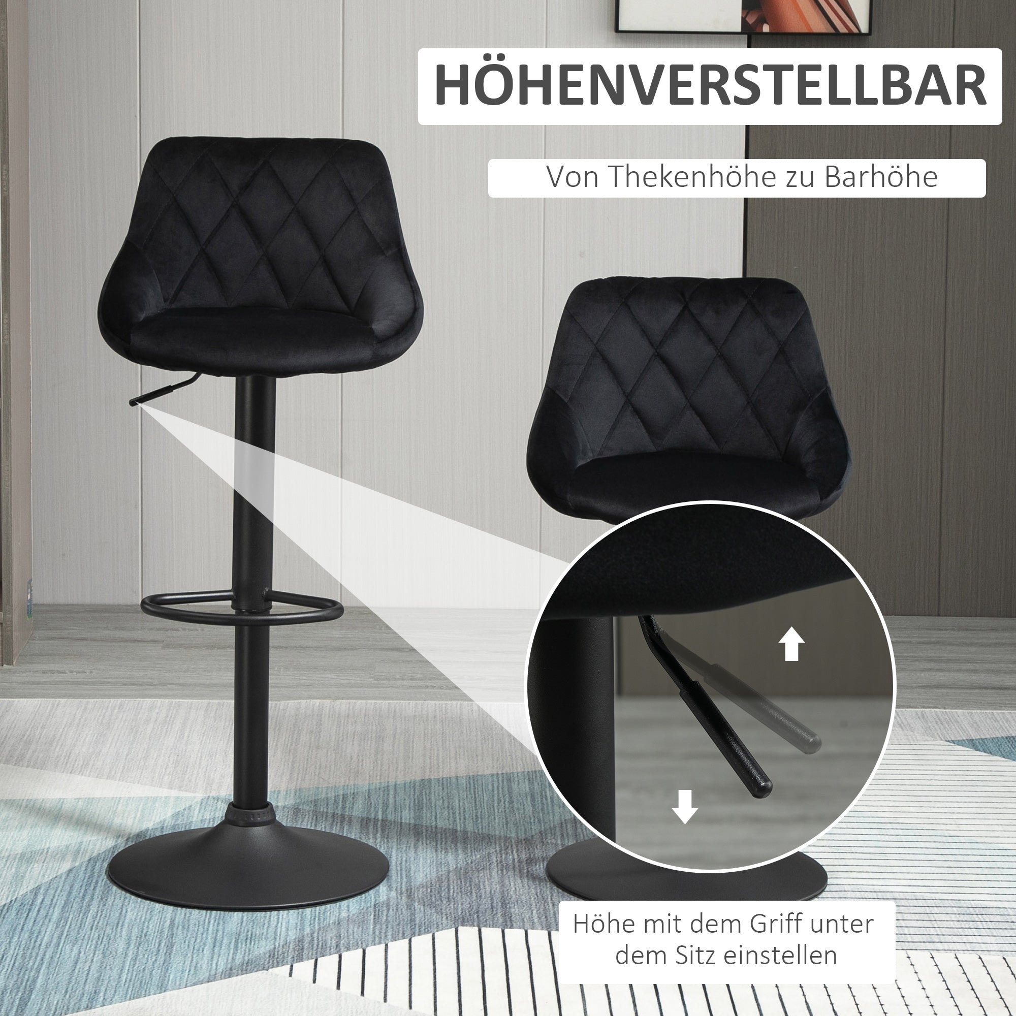 HOMCOM Barhocker 2er-Set Barstuhl mit Lehne, Samt-Optik, Stahlgestell, Höhenverstellbare Küchenstühle mit Fußstütze Drehbar Tresenhocker, Schwarz