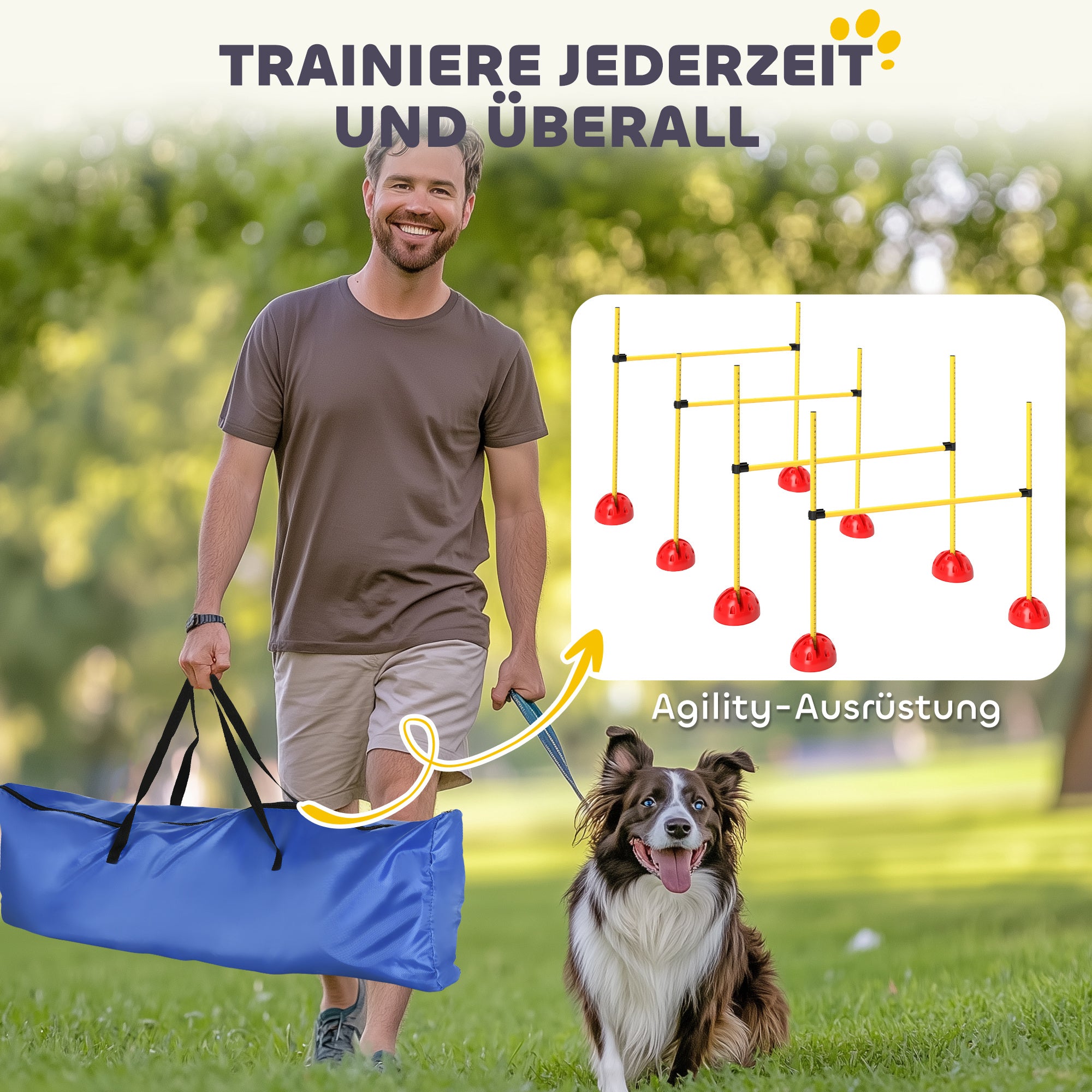 PawHut 4-teiliges Hunde-Agility-Set mit 4 Hürden und Tragetasche für das Sprungtraining, Gelb