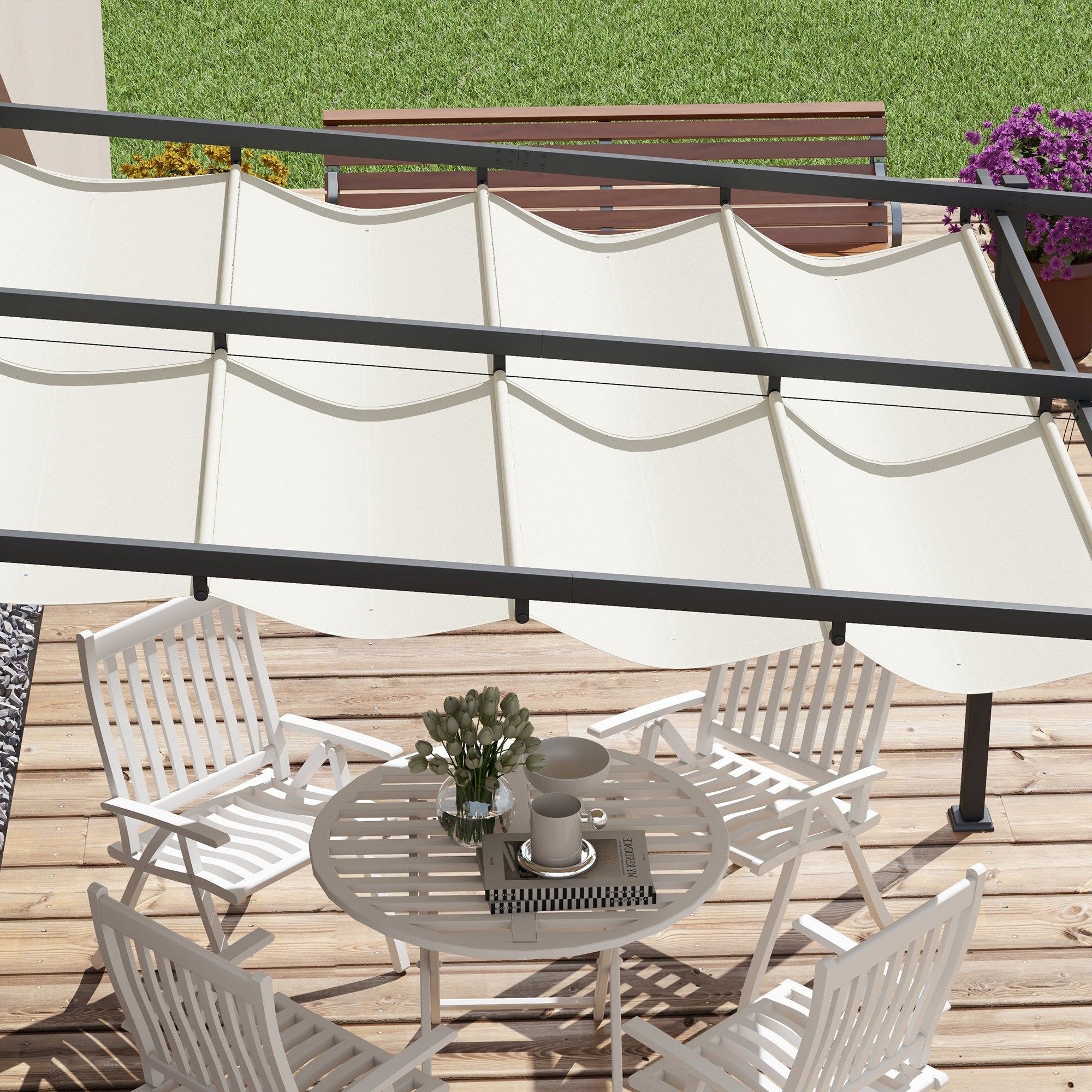 Outsunny Gartenpavillon 3 x 3m, einziehbares Dach, Wandmontage, Metallrahmen, Cremeweiß