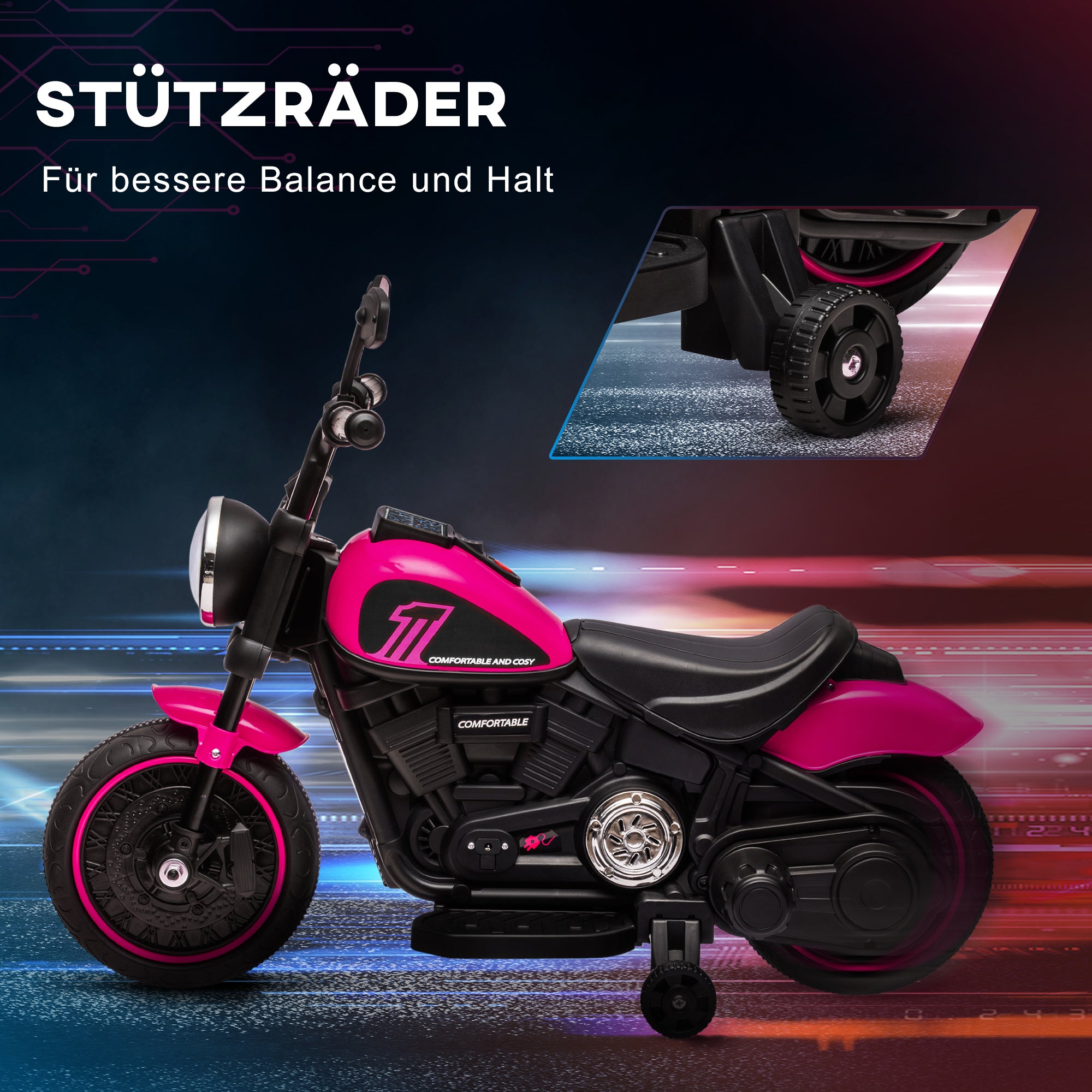 HOMCOM Elektro-Kindermotorrad mit Stützrädern, Scheinwerfer, 1,5 bis 3 km/h, für Kinder 1,5 bis 3 Jahren, pink