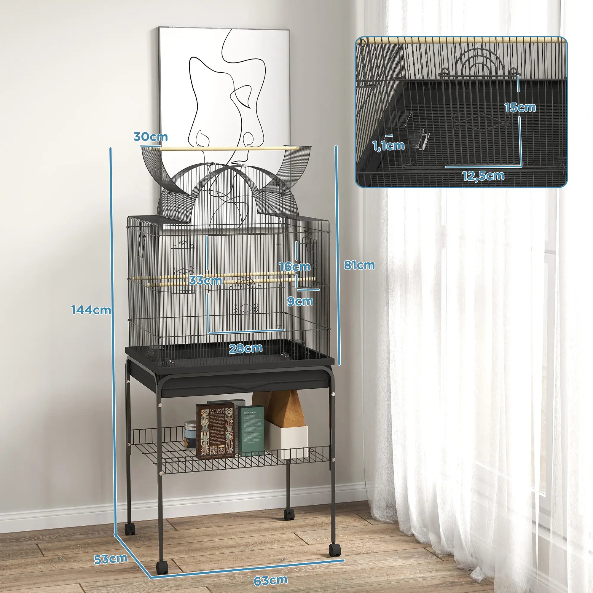 PawHut Vogelkäfig für Kanarienvögel & Wellensittiche, mobil, mit Bodenfach, Metallgitter, Schwarz