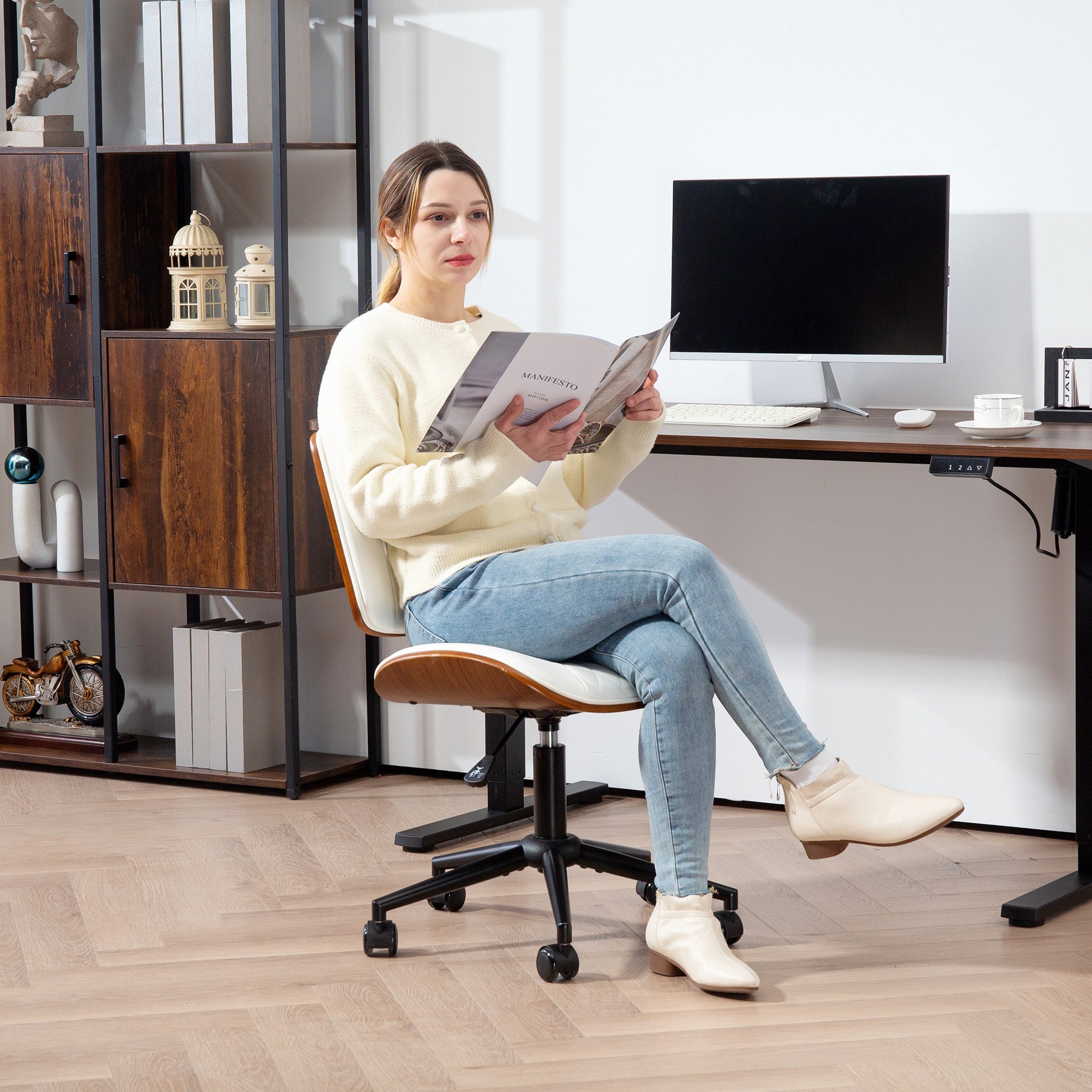 HOMCOM Bürostuhl Höhenverstellbarer Schreibtischstuhl mit Rolle, Diamantsteppung 52 x 53 x 80-90 cm Weiß