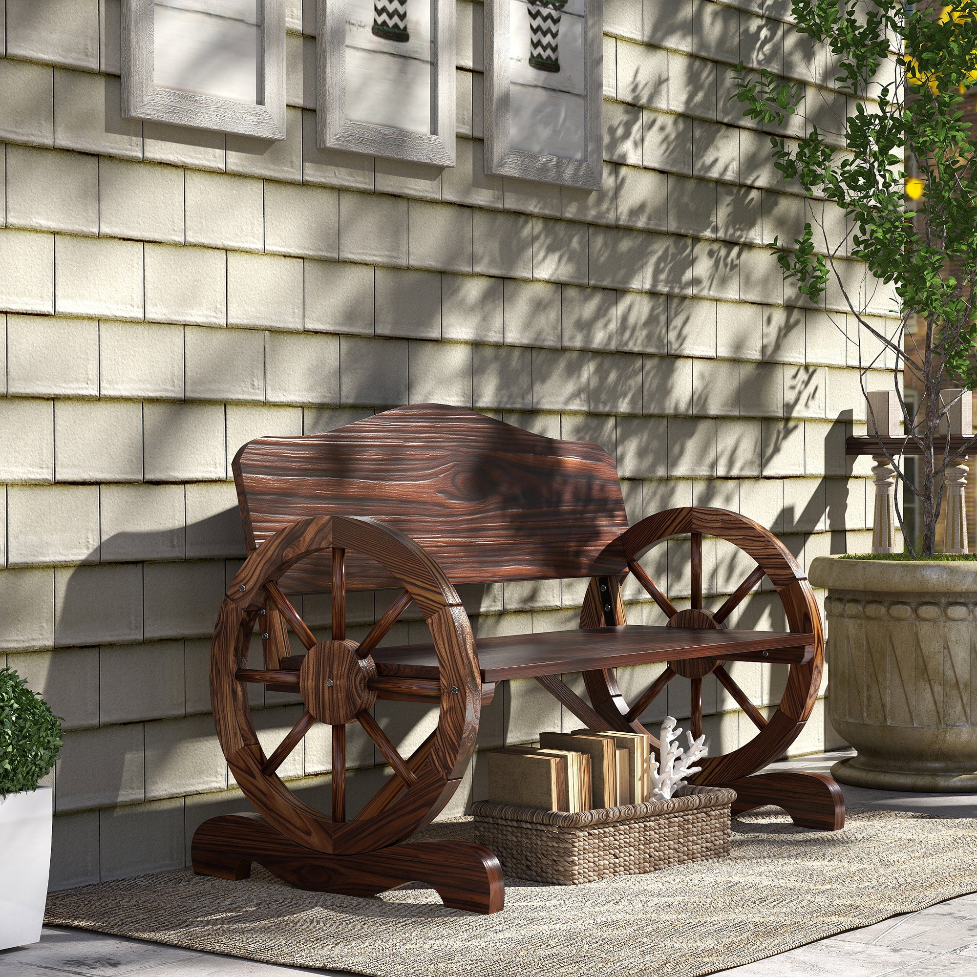 Outsunny 2-Sitzer Gartenbank mit Rad-Armlehnen, Rustikale Outdoor-Bank für Terrasse, Veranda, Fichtenholz, Braun