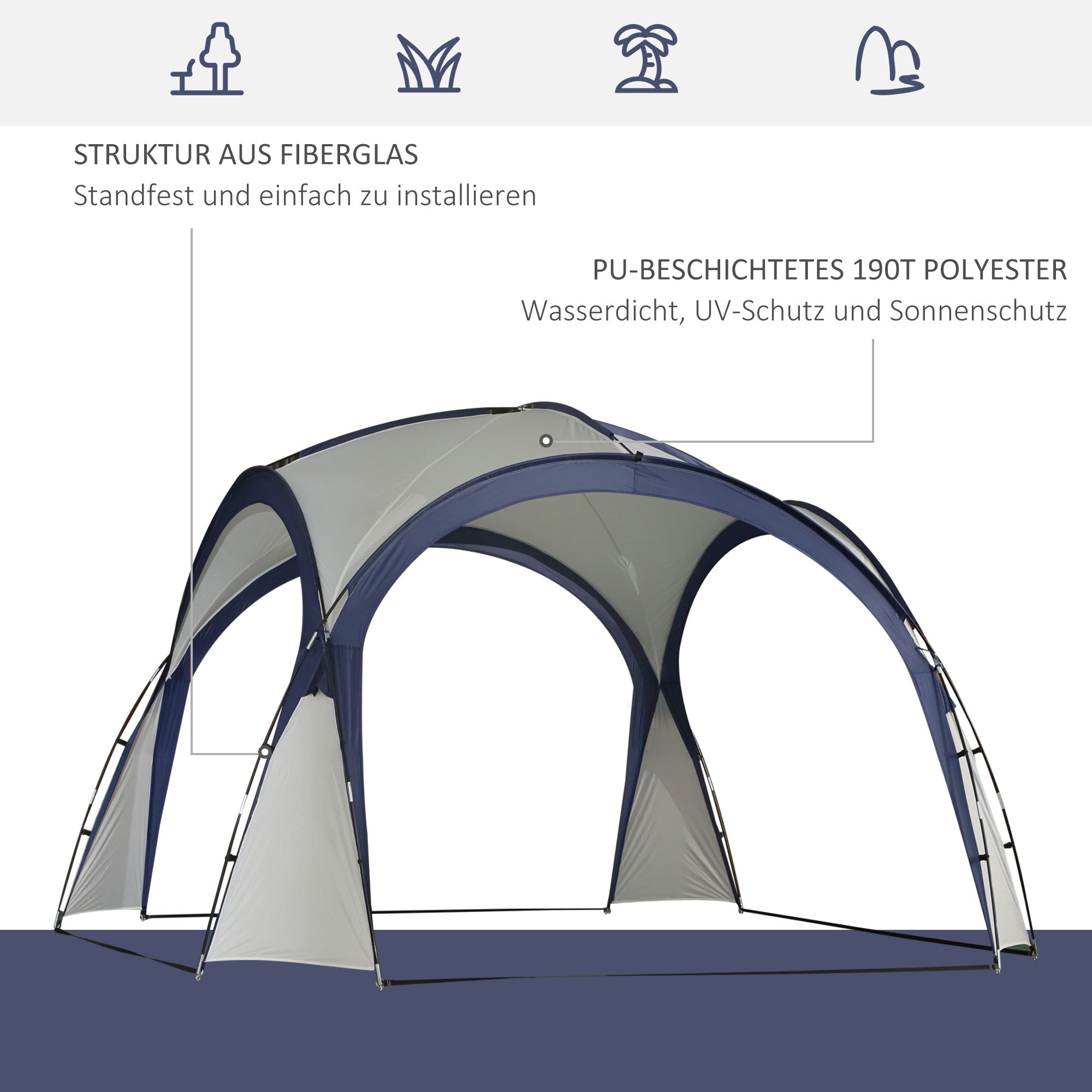 Outsunny Kuppelzelt für 6-8 Personen, Pavillon, Schutz vor Sonne und Nieselregen, 3,5 x 3,5 x 2,22 m, Cremeweiß