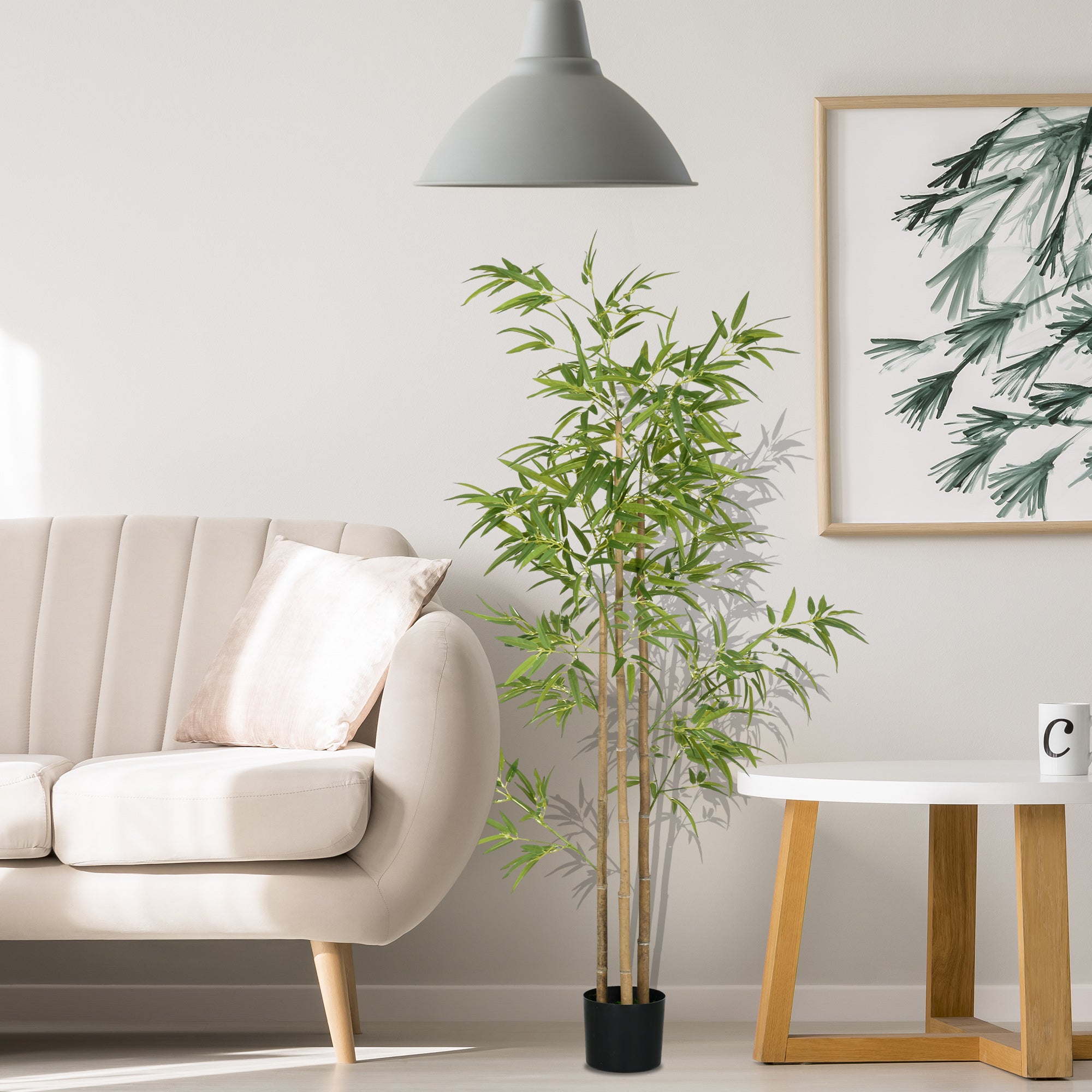 HOMCOM Kunstpflanze, Bambus, 3 Stämme, 830 Blätter, pflegeleicht, 180 cm, Zementtopf