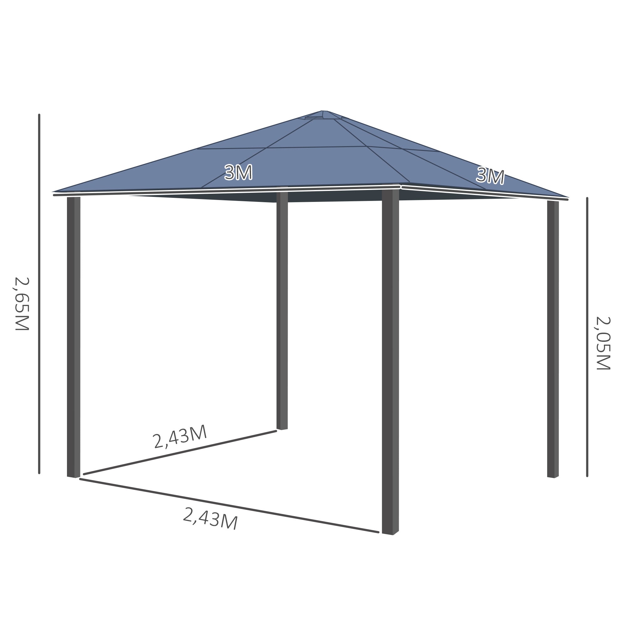 Outsunny Pavillon mit Polycarbonatdach, Vorhänge mit Fliegennetz, Alugestell, grau, 3 x 3 x 2,6 m