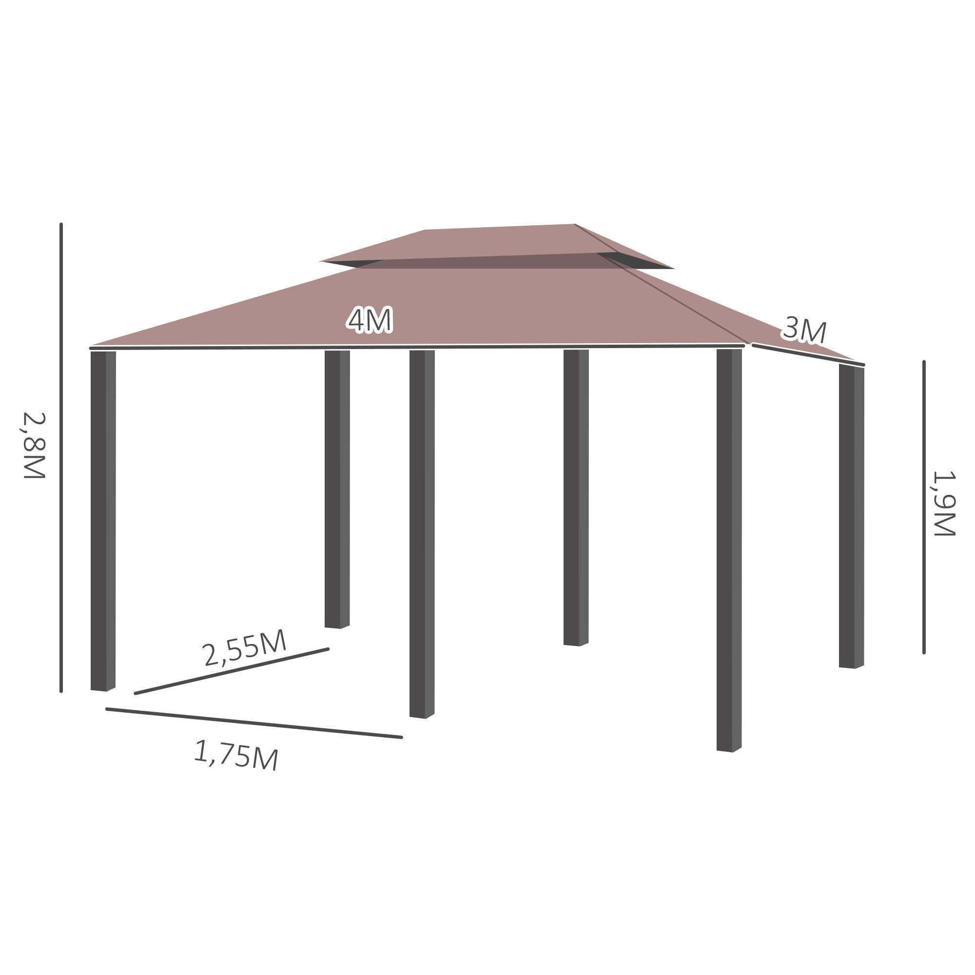 Outsunny Pavillon 3x4m Gartenpavillon mit 6 Seitenteilen Partyzelt Gartenzelt Festzelt mit Doppeldach Khaki