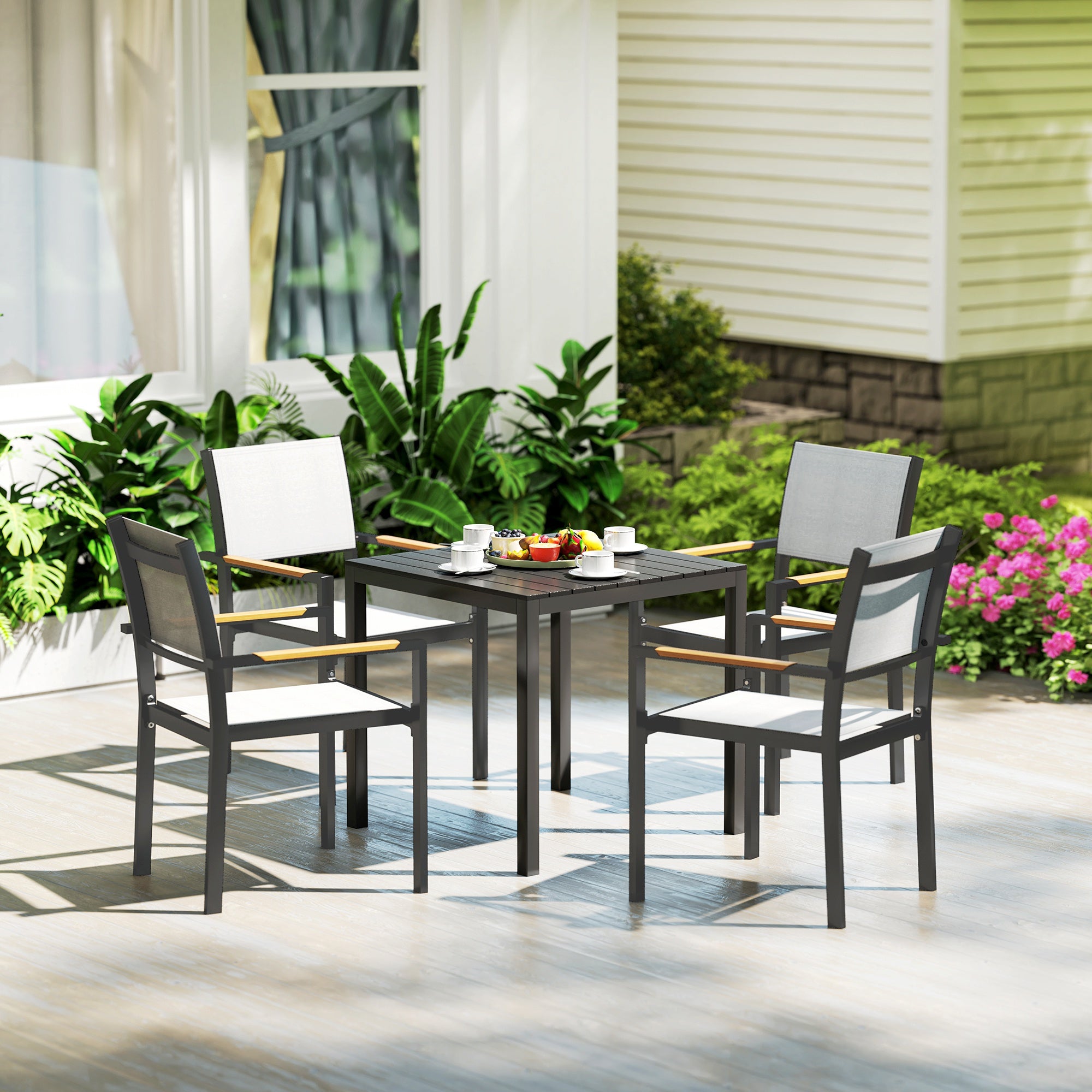Outsunny Gartentisch Aluminium 73x73 cm Wetterfest Buffettisch mit Holzoptik, Campingtisch für 4 Personen Schwarz