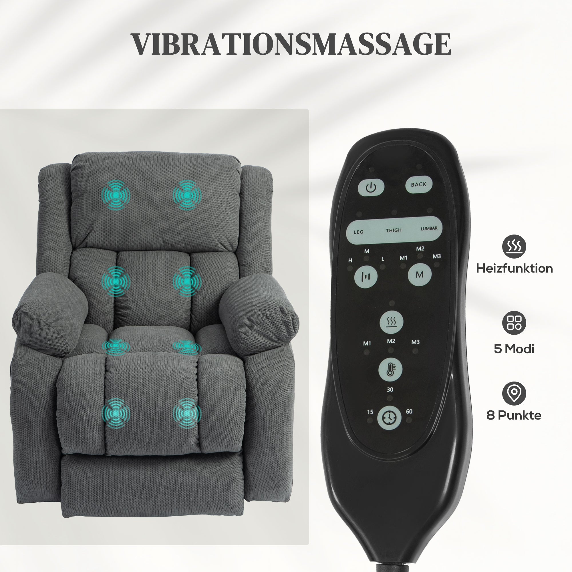 HOMCOM Fernsehsessel mit Massage- und Wärmefunktion, Elektrischer Aufsteh-Sessel, Fernbedienung, Seitentaschen, Grau
